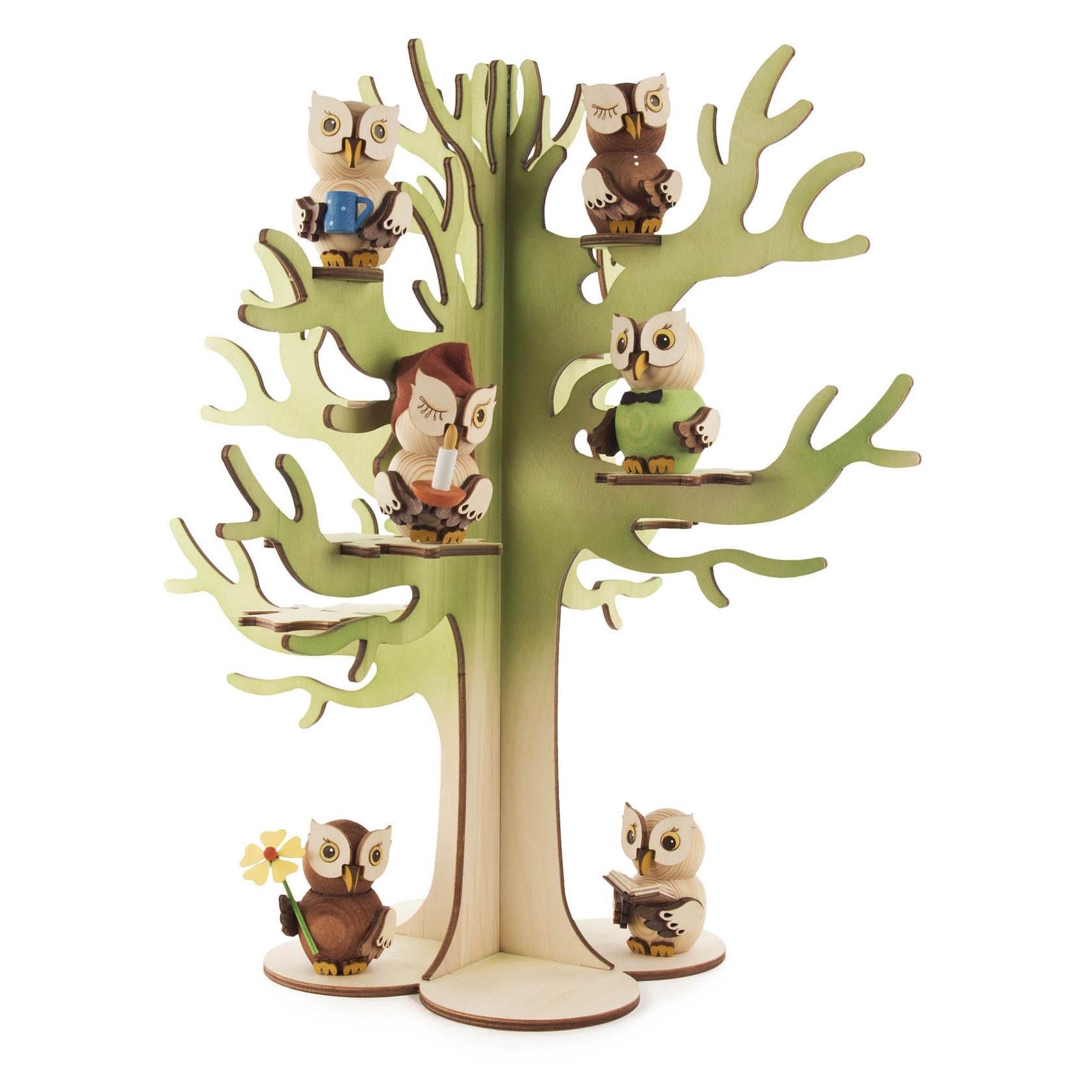 Wooden display tree with seven small, colorful owl figurines perched on its branches.