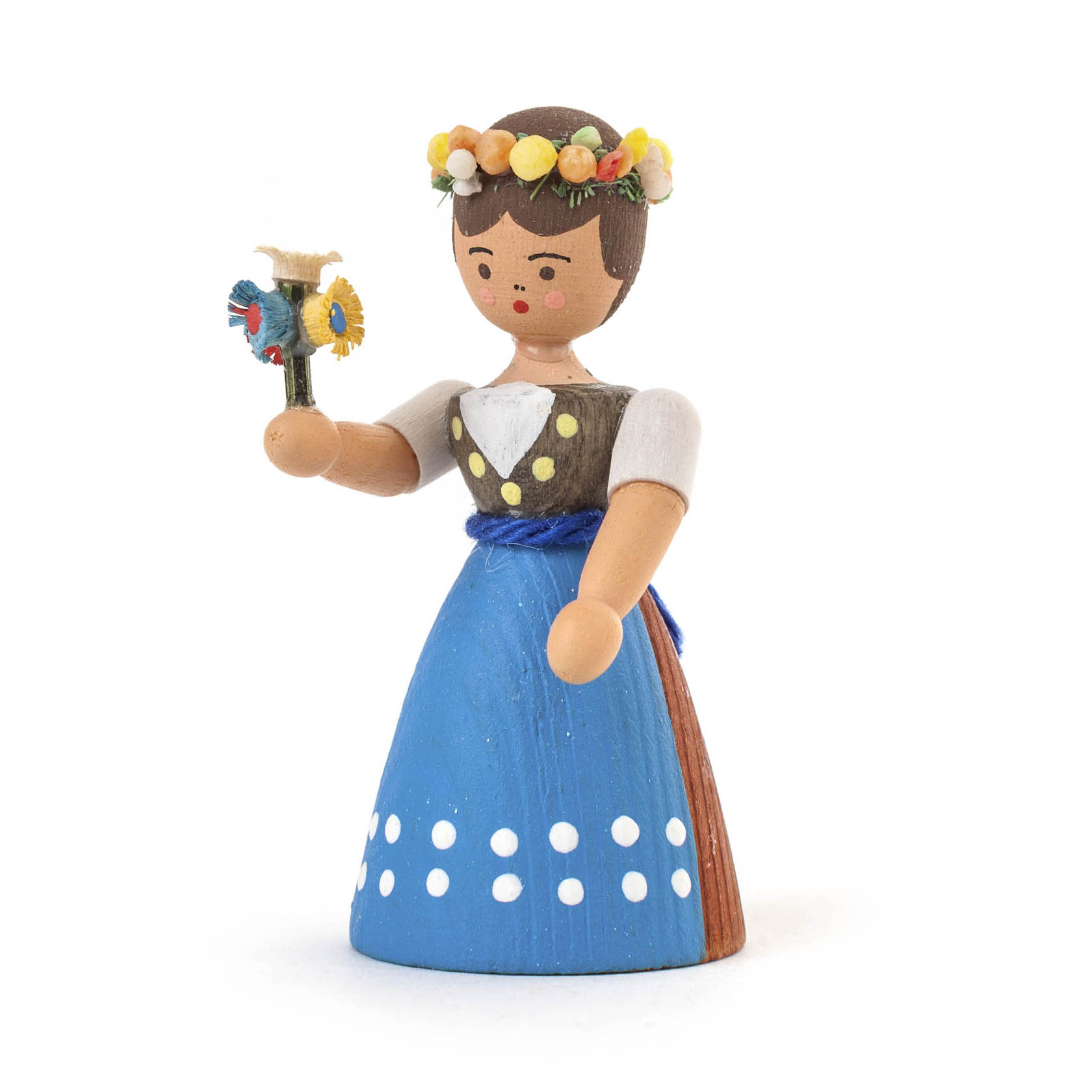 Holzfigur einer Frau in traditioneller bayerischer Tracht mit blauem Dirndl und Blumenkranz, die einen Blumenstrauß hält. im Dregeno Online Shop günstig kaufen