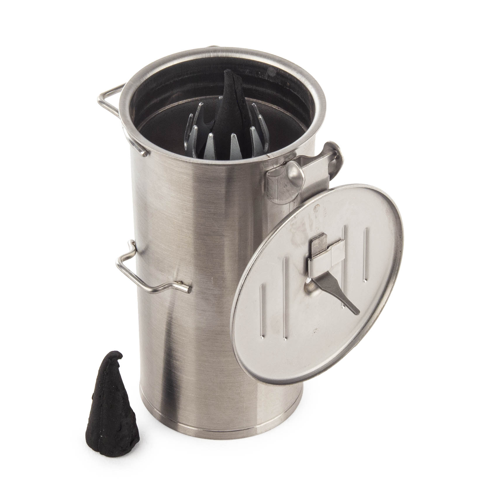 A metal ash container with an open lid and a cone-shaped black incense on its side. The container has side handles and a notch on the lid.