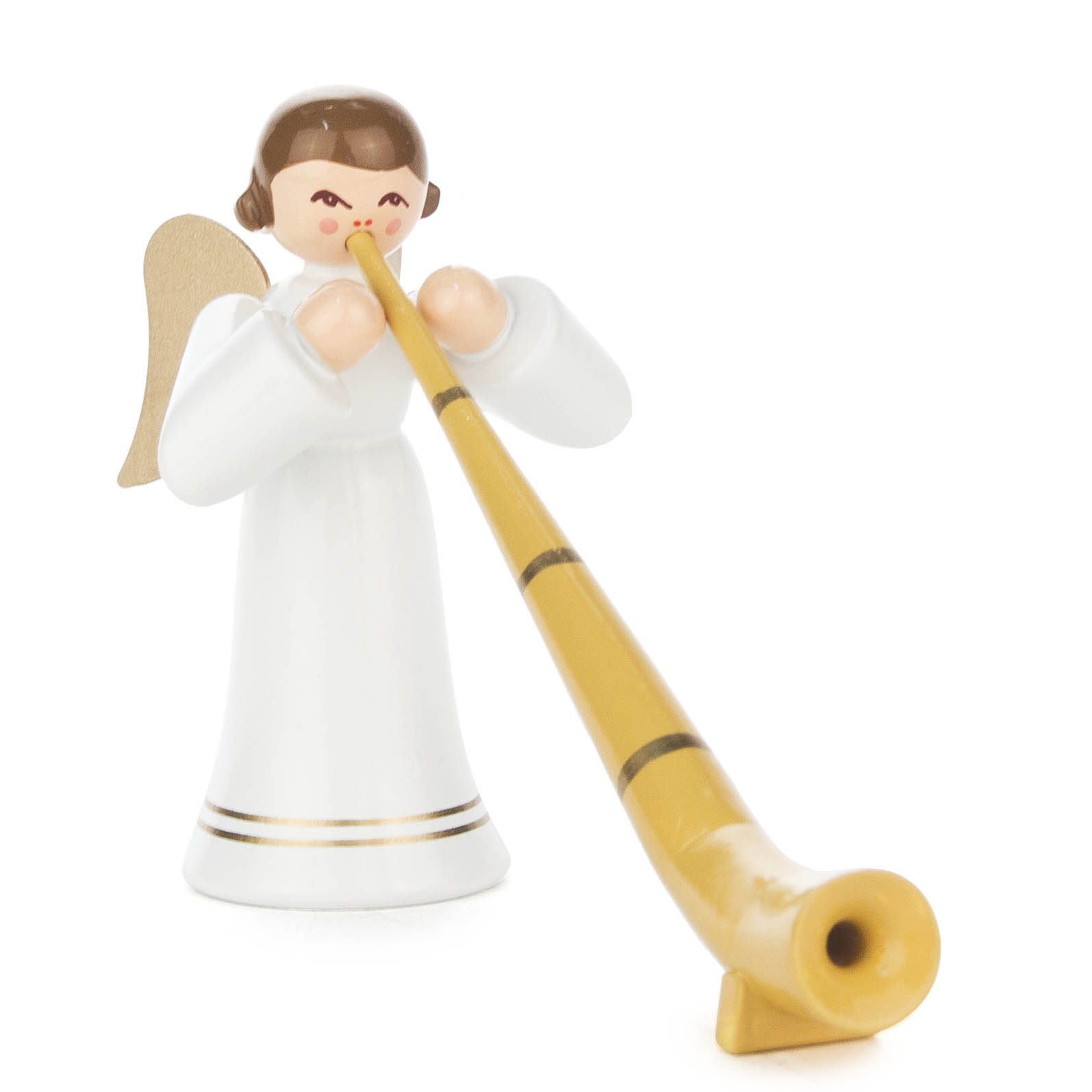 Engel in weißem Kleid mit goldenen Flügeln, spielt ein gelbes Alphorn. Der Engel hat kurze braune Haare und rote Wangen. im Dregeno Online Shop günstig kaufen