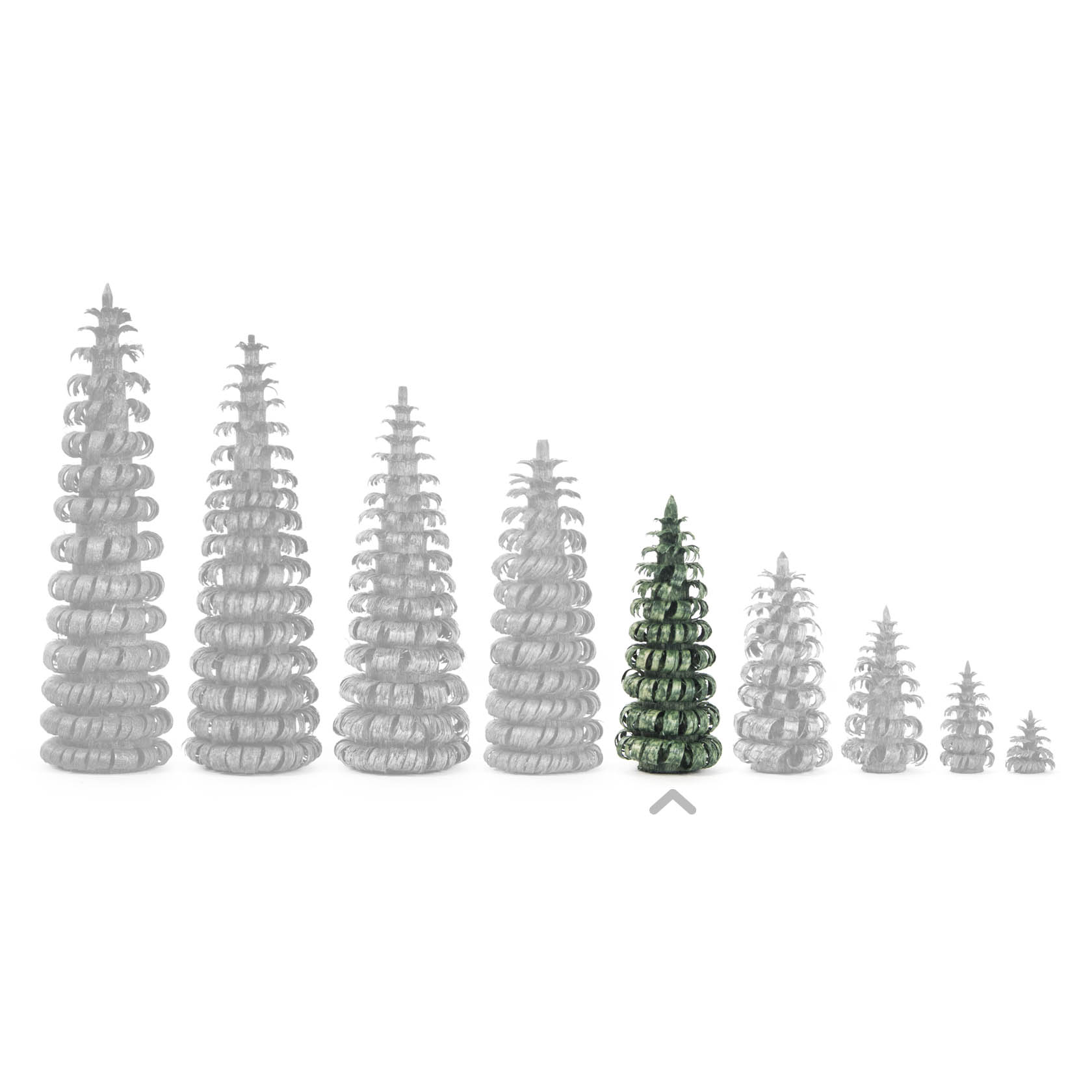 A green spiral-shaped tree standing out among several grey spiral trees, all decreasing in size from left to right.