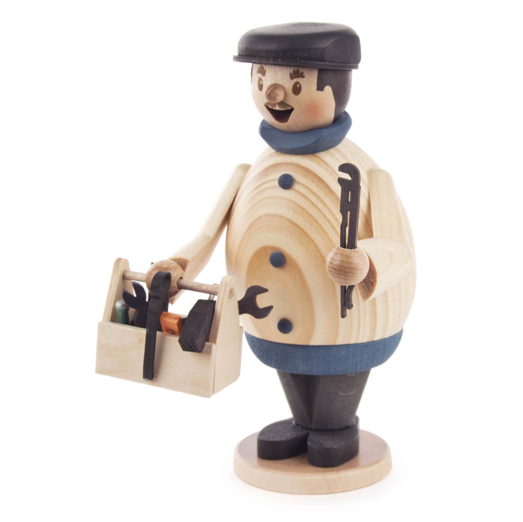 Holzfigur eines Räuchermanns, verkleidet als Klempner mit schwarzer Mütze und Werkzeugkiste in der einen Hand, einem Schraubenschlüssel in der anderen. im Dregeno Online Shop günstig kaufen