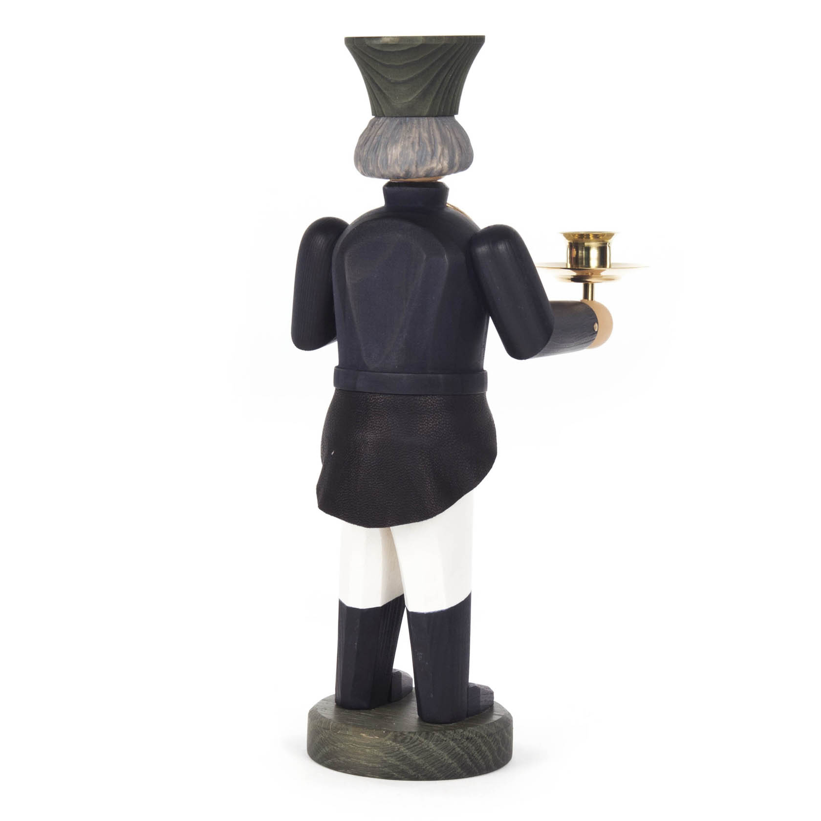 Holzfigur eines Räuchermanns in Bergmannskleidung mit einem Kerzenhalter, der für eine Kerze mit 14mm Durchmesser geeignet ist.
