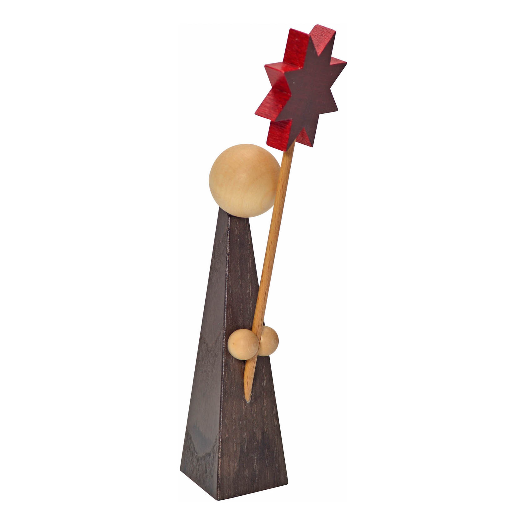 Moderne Kurrendefigur mit einem niedrigen, dunklen Kegel als Körper und einem runden Holzkopf; hält einen roten Stern am Stab. im Dregeno Online Shop günstig kaufen