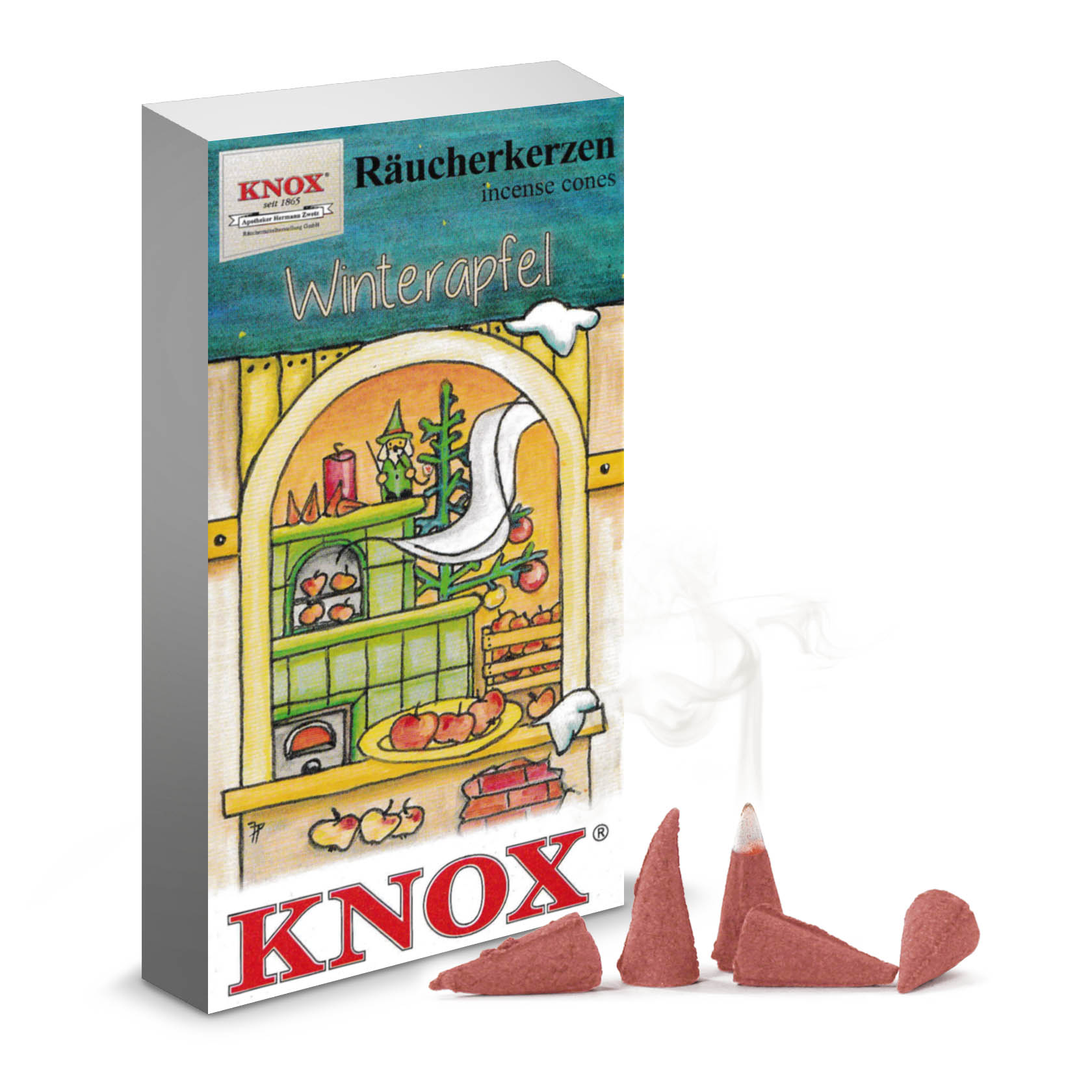 Box of KNOX incense cones with a winter apple scent, showing four reddish incense cones and a cozy kitchen illustration on the packaging. im Dregeno Online Shop günstig kaufen