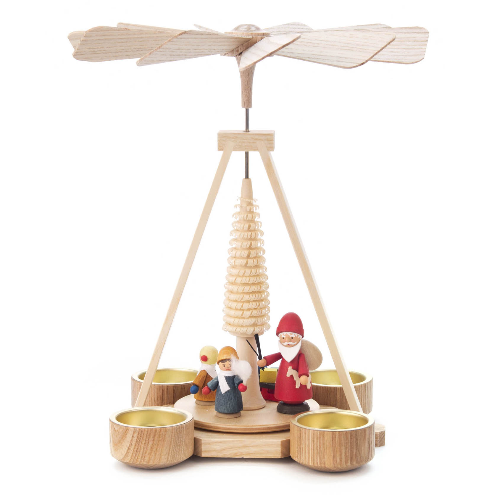 Wooden pyramid with Santa Claus figure and winter children around a central helical tree for holding tealight candles. im Dregeno Online Shop günstig kaufen