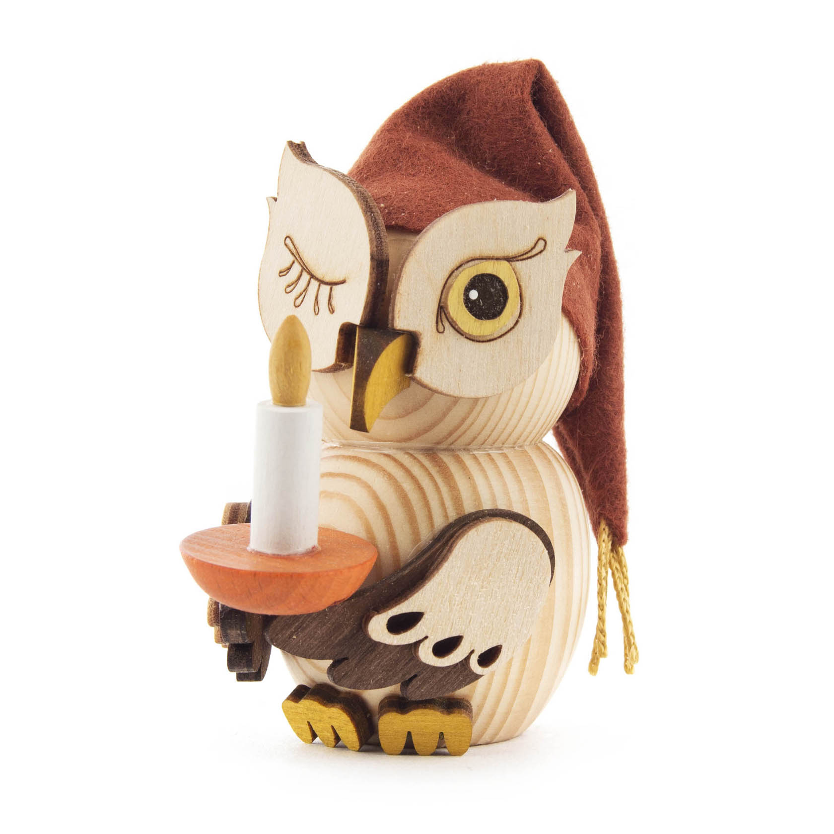 Wooden owl figure with a red nightcap, winking and holding a candle. im Dregeno Online Shop günstig kaufen