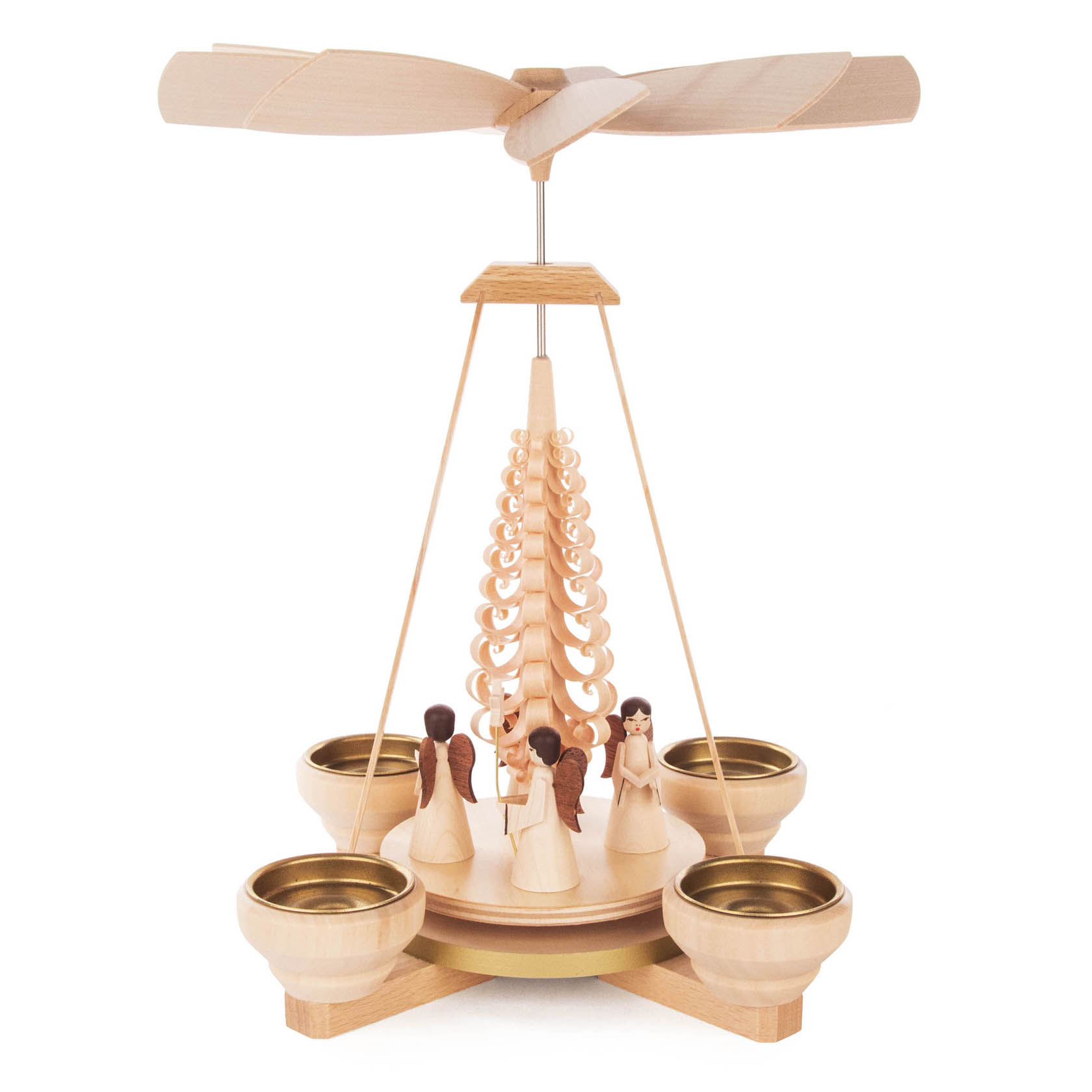 Wooden pyramid candle holder featuring four angel figures and spiral design, designed for tea lights, with a propeller-like top. im Dregeno Online Shop günstig kaufen