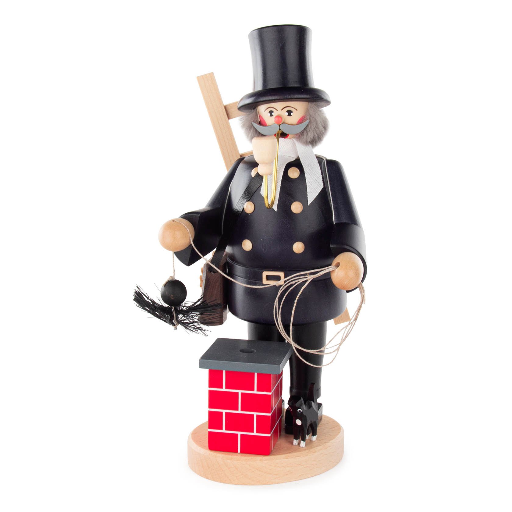 Traditional wooden incense smoker figure of a chimney sweep holding a broom and rope, standing next to a small red chimney and a small black cat. im Dregeno Online Shop günstig kaufen