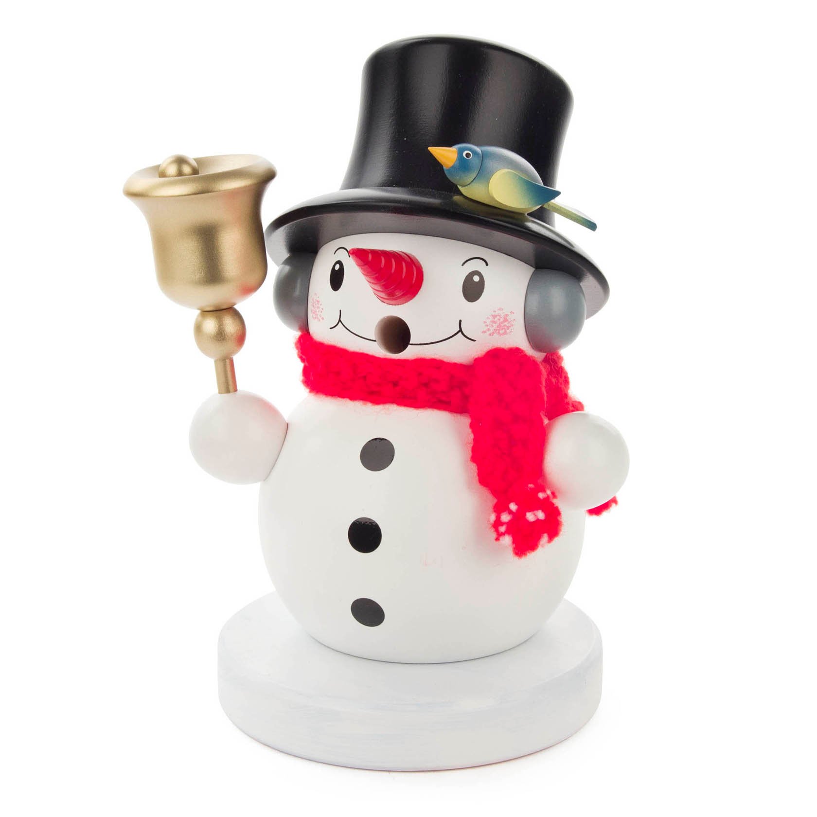 A smoking snowman figurine with a red scarf, black top hat, bluebird, and gold bell. im Dregeno Online Shop günstig kaufen