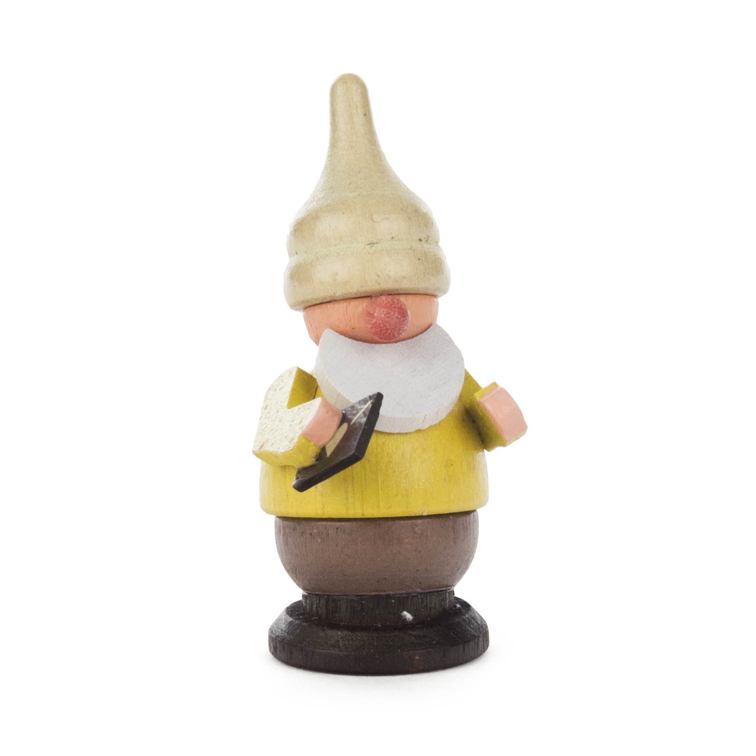 Holzfigur eines Zwergs mit gelbem Oberteil, brauner Hose und spitzer Mütze, hält einen Wunschzettel und Stift in den Händen. im Dregeno Online Shop günstig kaufen