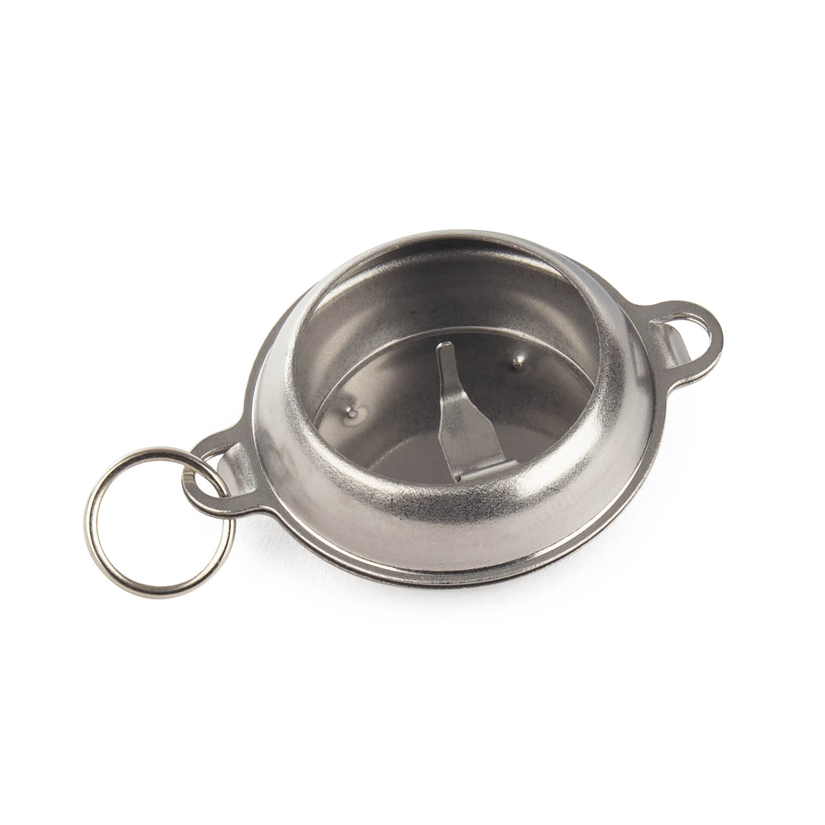 Small metal keychain item with a concave shape and two handles, featuring a central raised section with a small slot and a circular keyring attached.