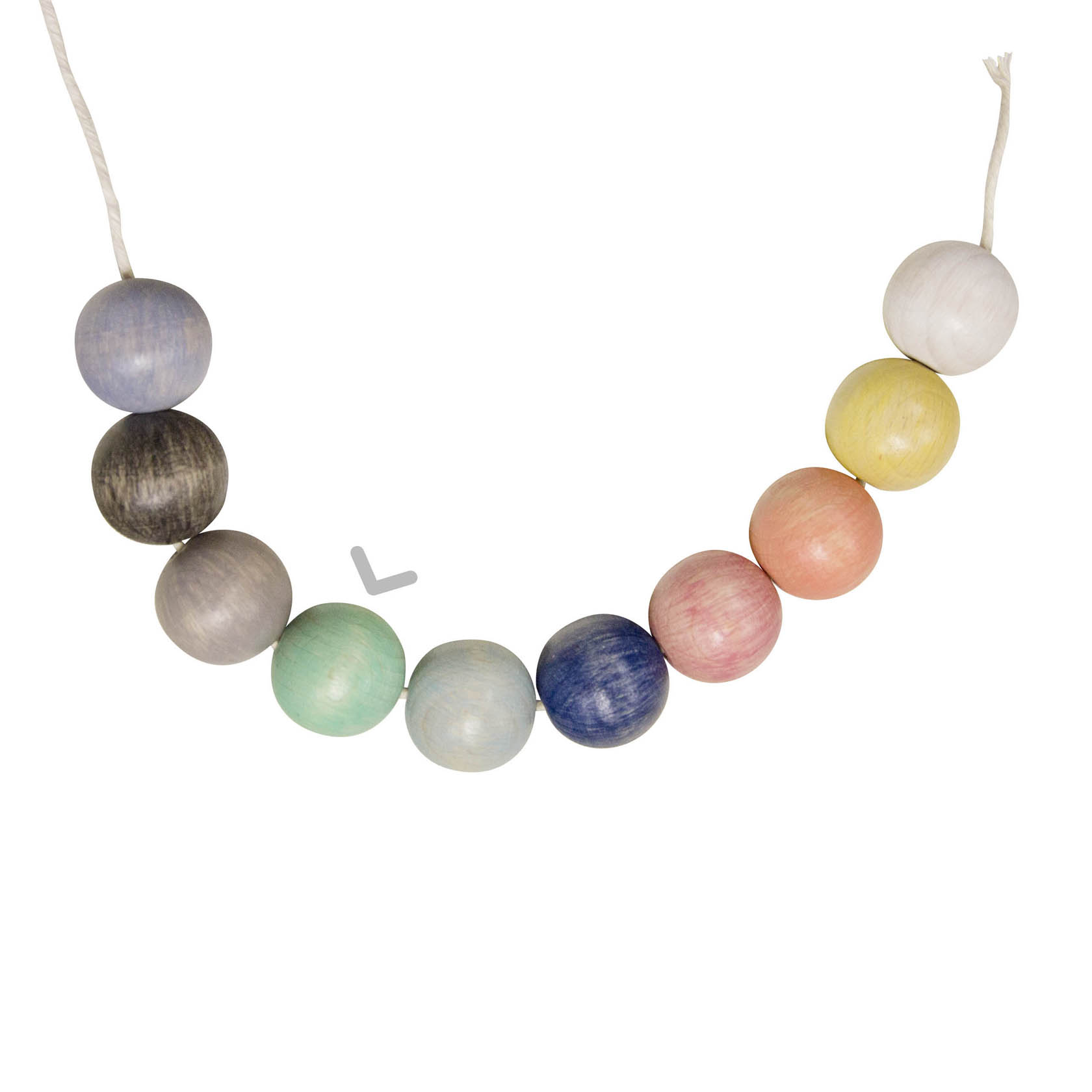 A string of ten wooden beads in various colors, including shades of blue, green, pink, yellow, and grey, arranged in a half-circle.