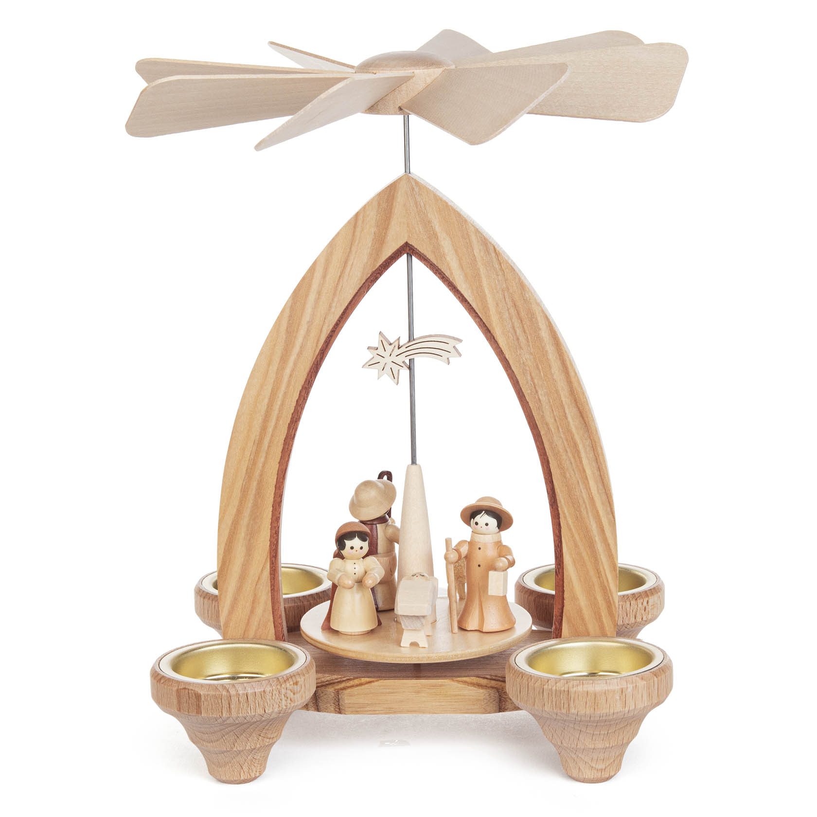 Holzpyramide mit Christi Geburt, vier Teelichtplätzen, Figuren: Maria, Josef, Jesus in Krippe, ein Hirte und Stern von Bethlehem. Flügelrad oben. im Dregeno Online Shop günstig kaufen