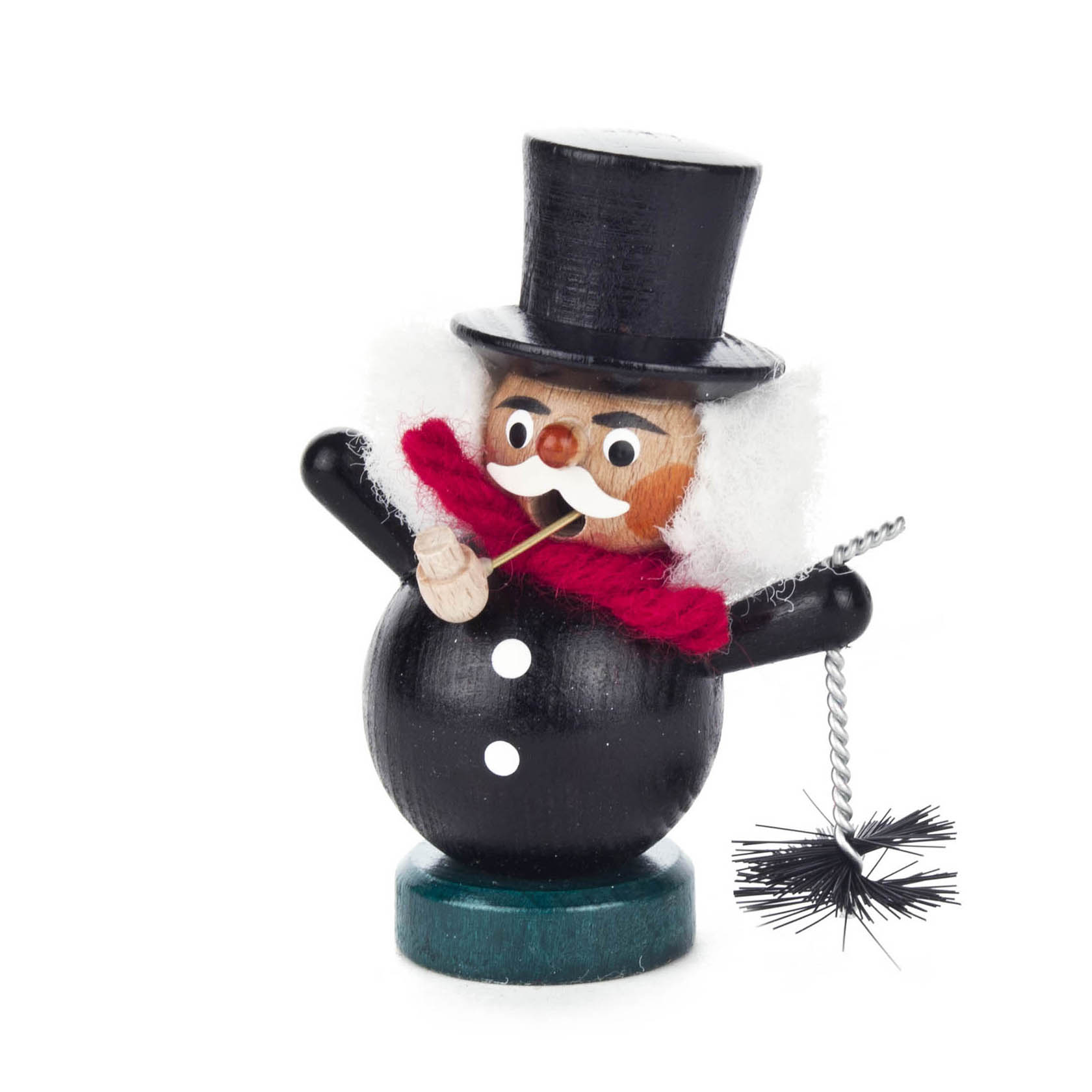 A small wooden chimney sweep figurine called Mini-Räuchermann, with a black top hat, mustache, and holding a small brush. im Dregeno Online Shop günstig kaufen