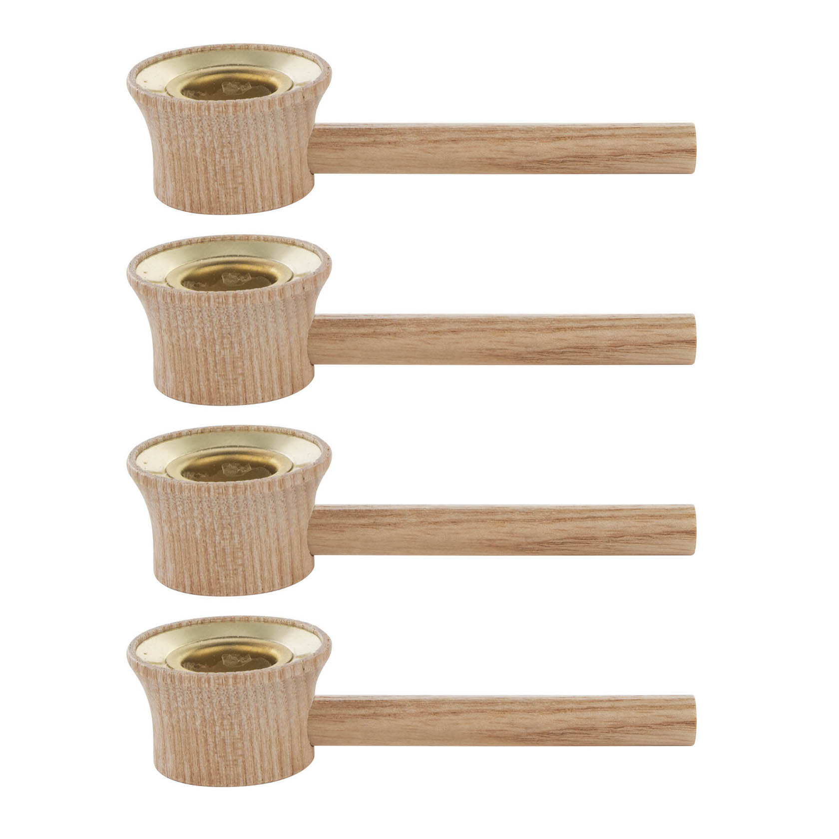 Four wooden connectors with brass fittings, arranged vertically in a line.