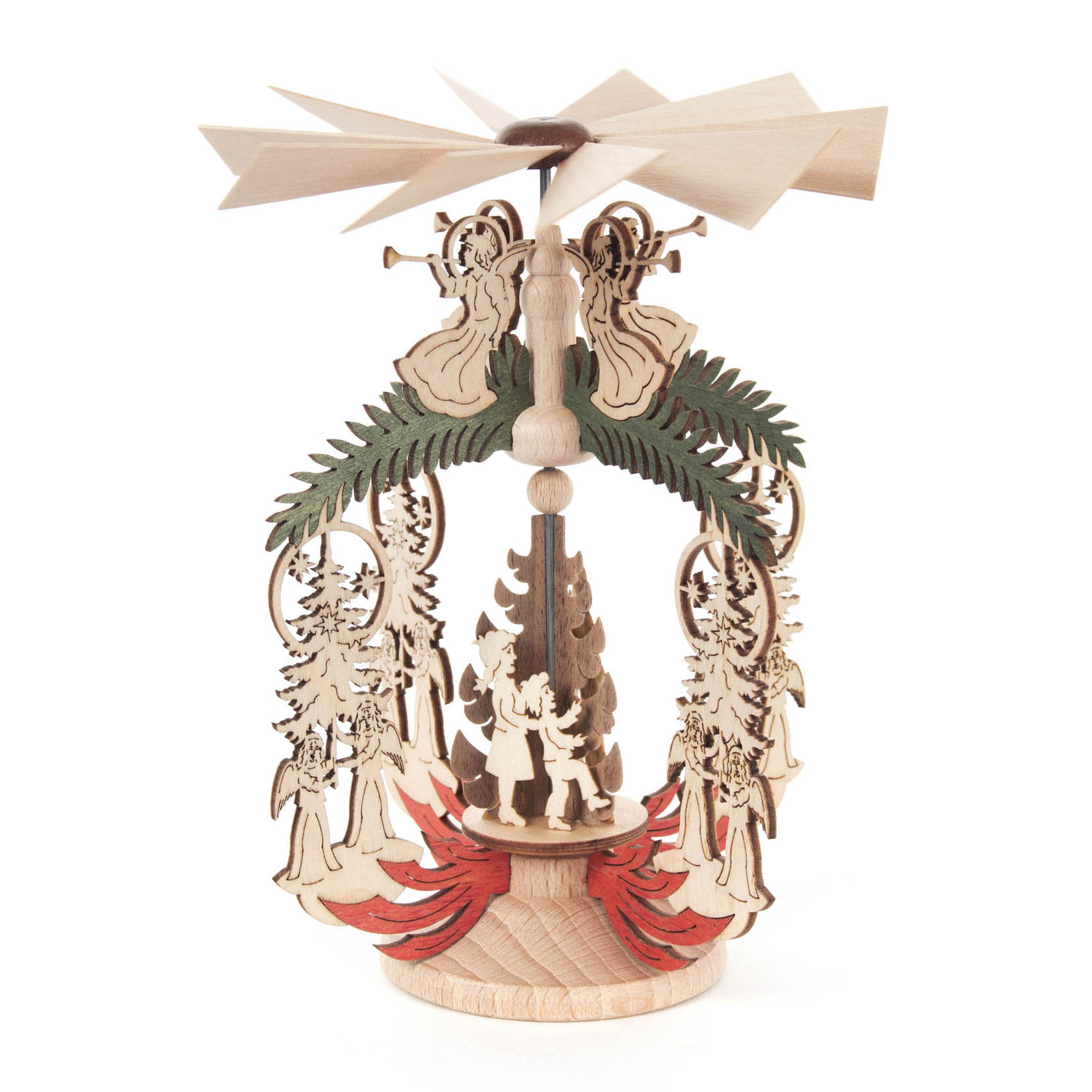 A wooden Christmas pyramid with a spinning fan on top, featuring engravings of angels, children, Christmas trees, and Santa Claus.