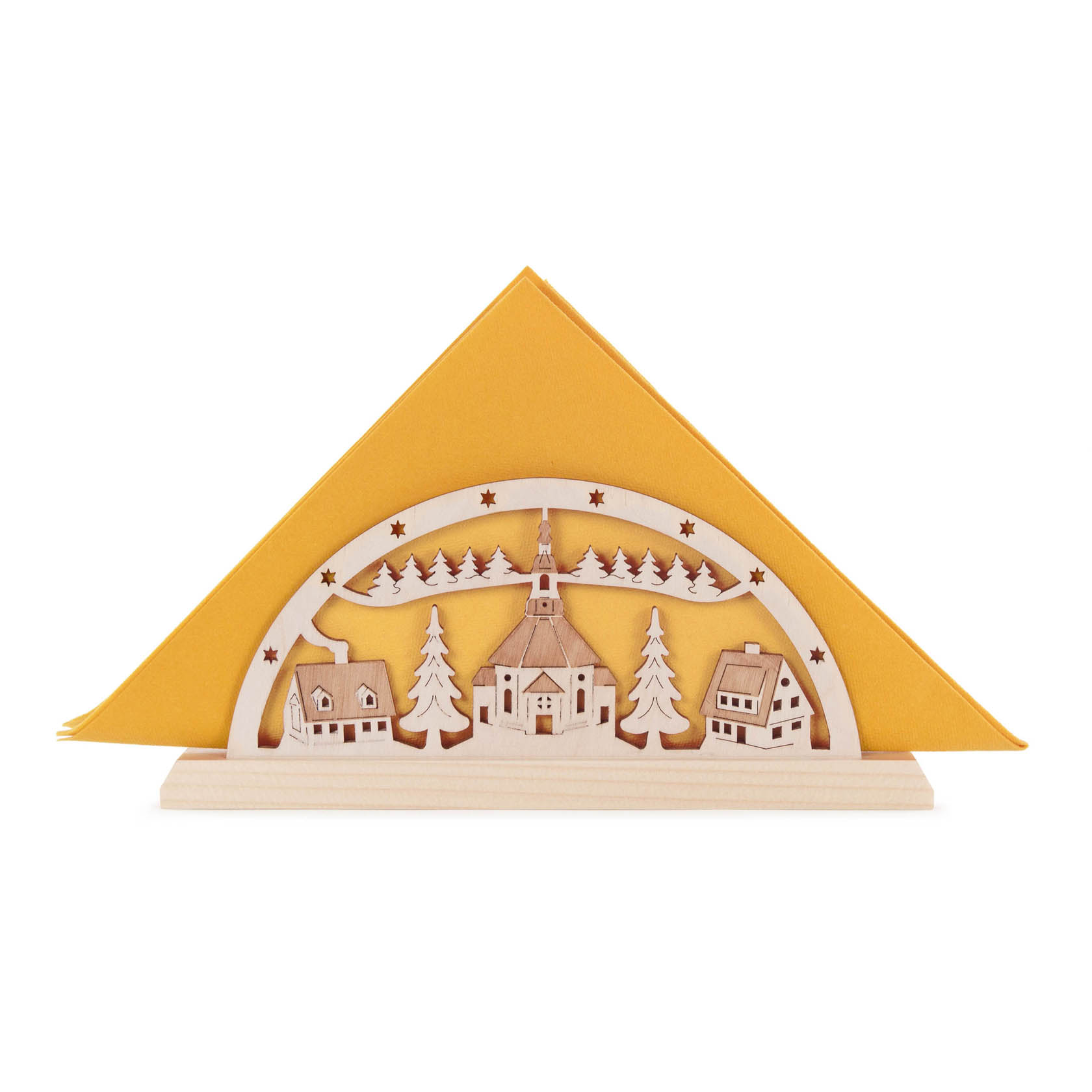 Holzserviettenständer mit Seiffener Kirche, gelbe Servietten, Bäumchen, Häuser und Sterne als Dekorationselemente.