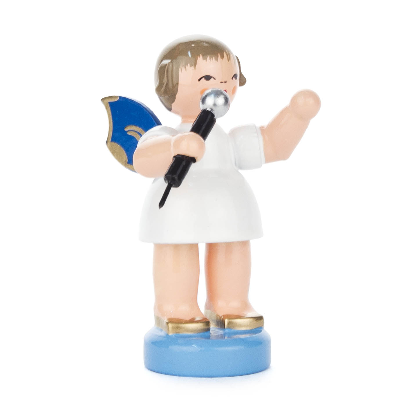 Ein Engel mit kurzen Haaren in einem weißen Gewand, hält ein Mikrofon. Er hat blaue Flügel und steht auf einem blauen Sockel. im Dregeno Online Shop günstig kaufen