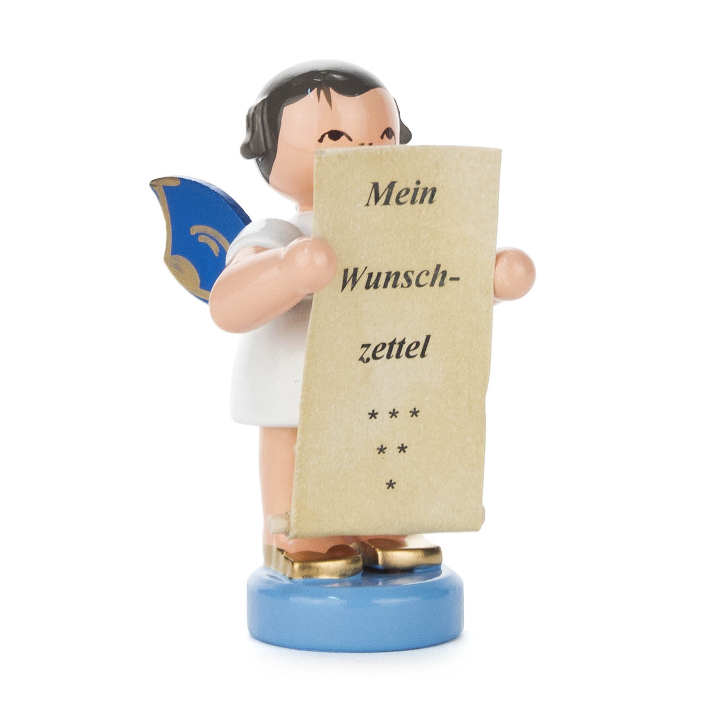 Engelfigur mit schwarzen Haaren und blauen Flügeln hält einen Wunschzettel mit dem Text 'Mein Wunschzettel'. im Dregeno Online Shop günstig kaufen