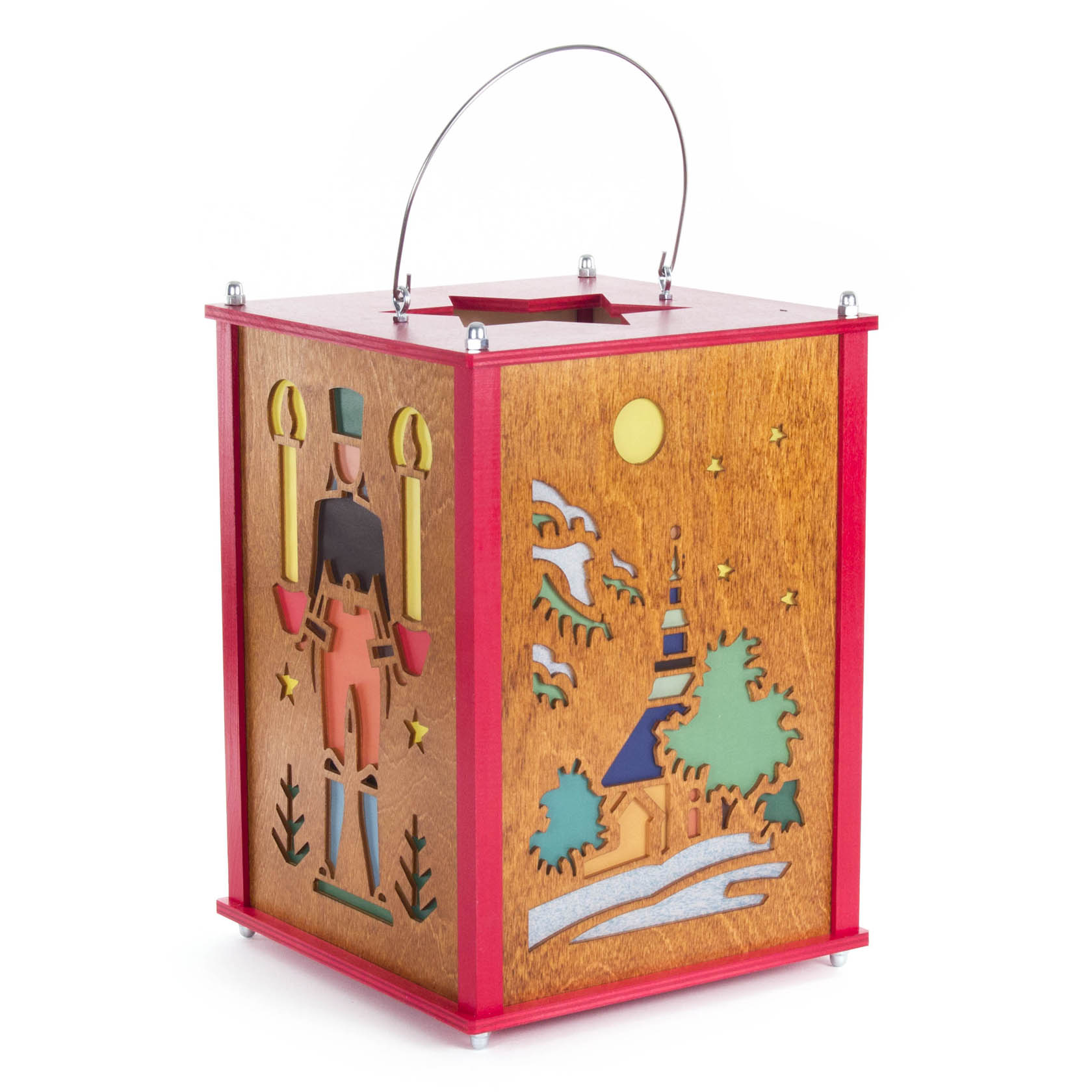 A wooden lantern featuring a miner, a nutcracker, and the Seiffen Church, designed to hold candles with a 14mm diameter.