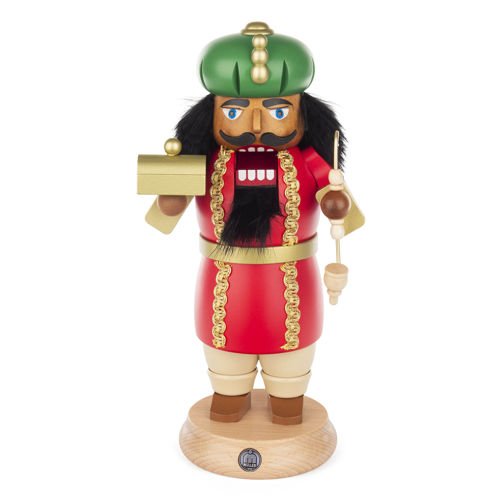 A traditional nutcracker figurine named 'Balthasar' from 'The Three Wise Men' series. It features a green turban, red outfit, and a pipe. im Dregeno Online Shop günstig kaufen