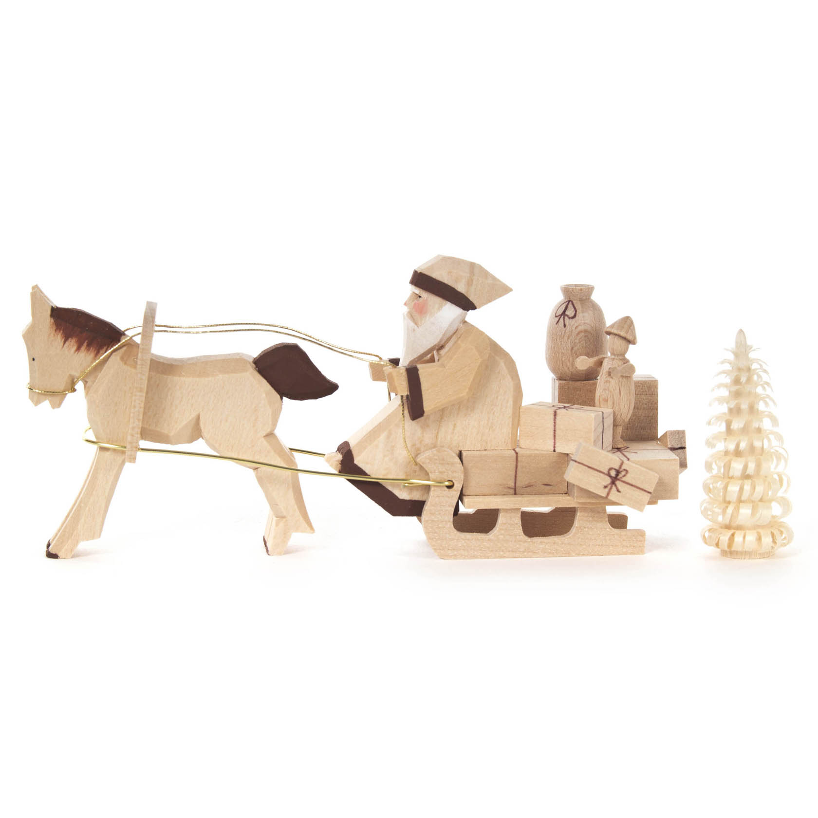 Weihnachtsmann auf Pferdeschlitten und Bäumchen, geschnitzt, natur
