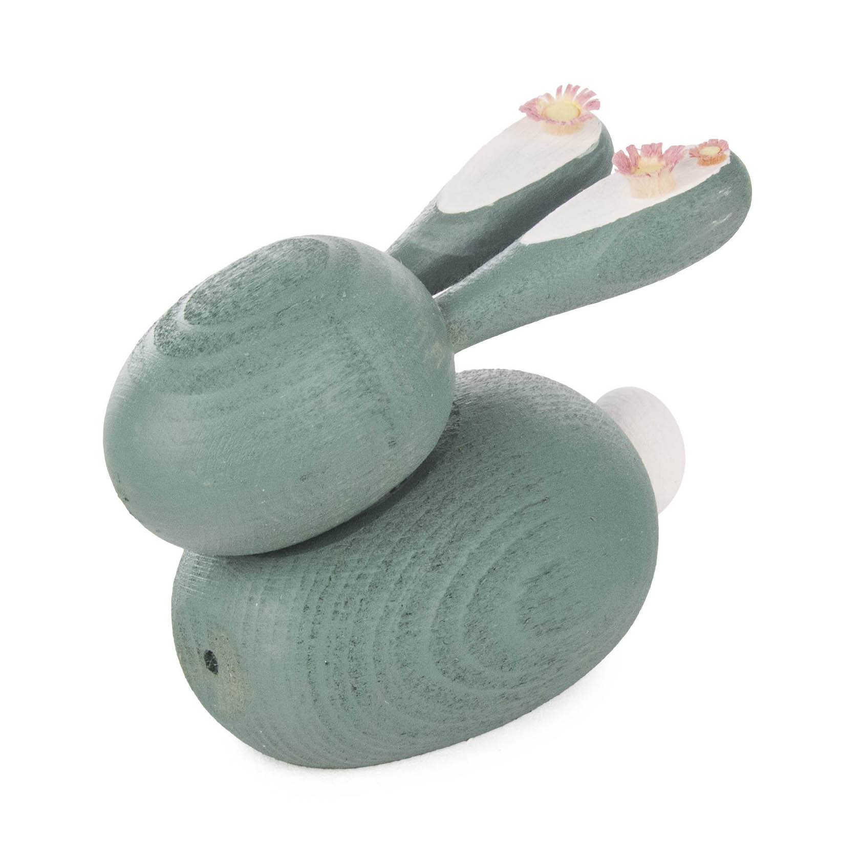 Holzhase Bastelset bemalt in Grün- und Weißtönen, mit Blumen auf den Ohren, 9 cm groß. im Dregeno Online Shop günstig kaufen