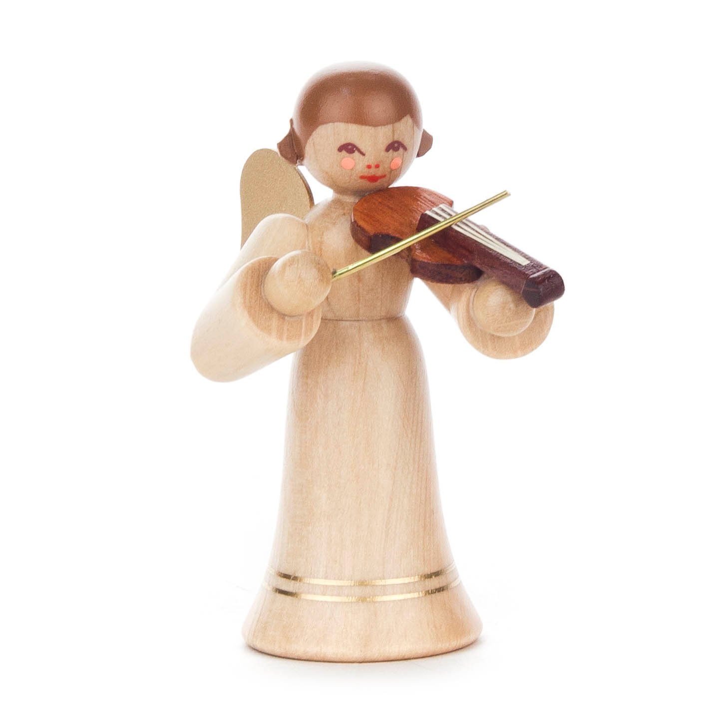Holzfigur eines Engels mit braunem Haar, der eine Geige spielt. Der Engel trägt ein naturbelassenes langes Gewand und hat Flügel.