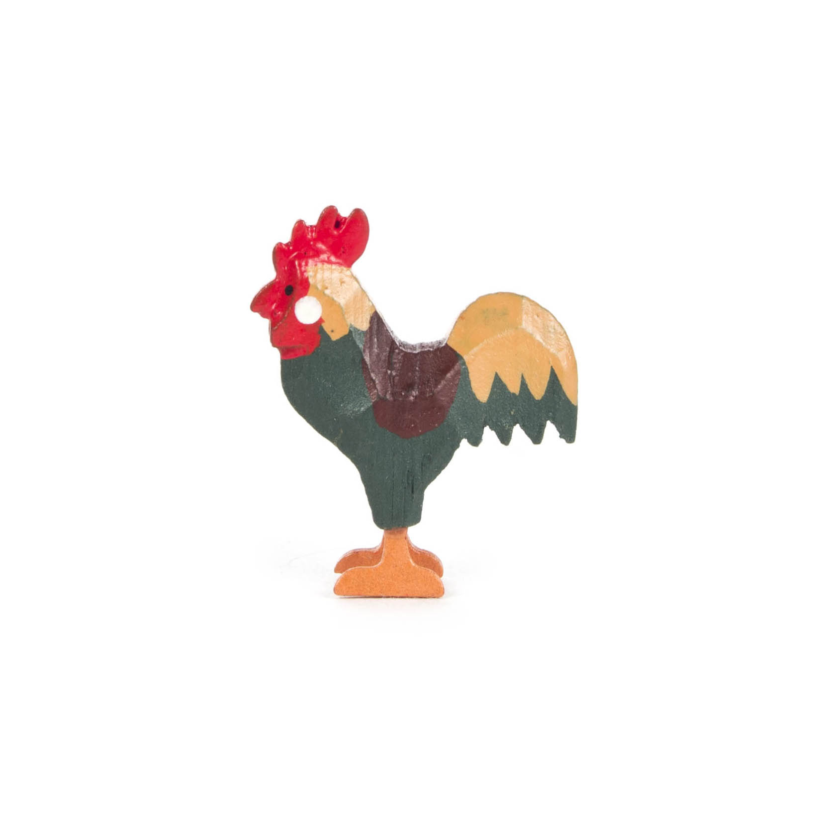A small wooden figurine of a domestic rooster with a red comb and wattle, green and brown body, and an orange beak, standing upright.