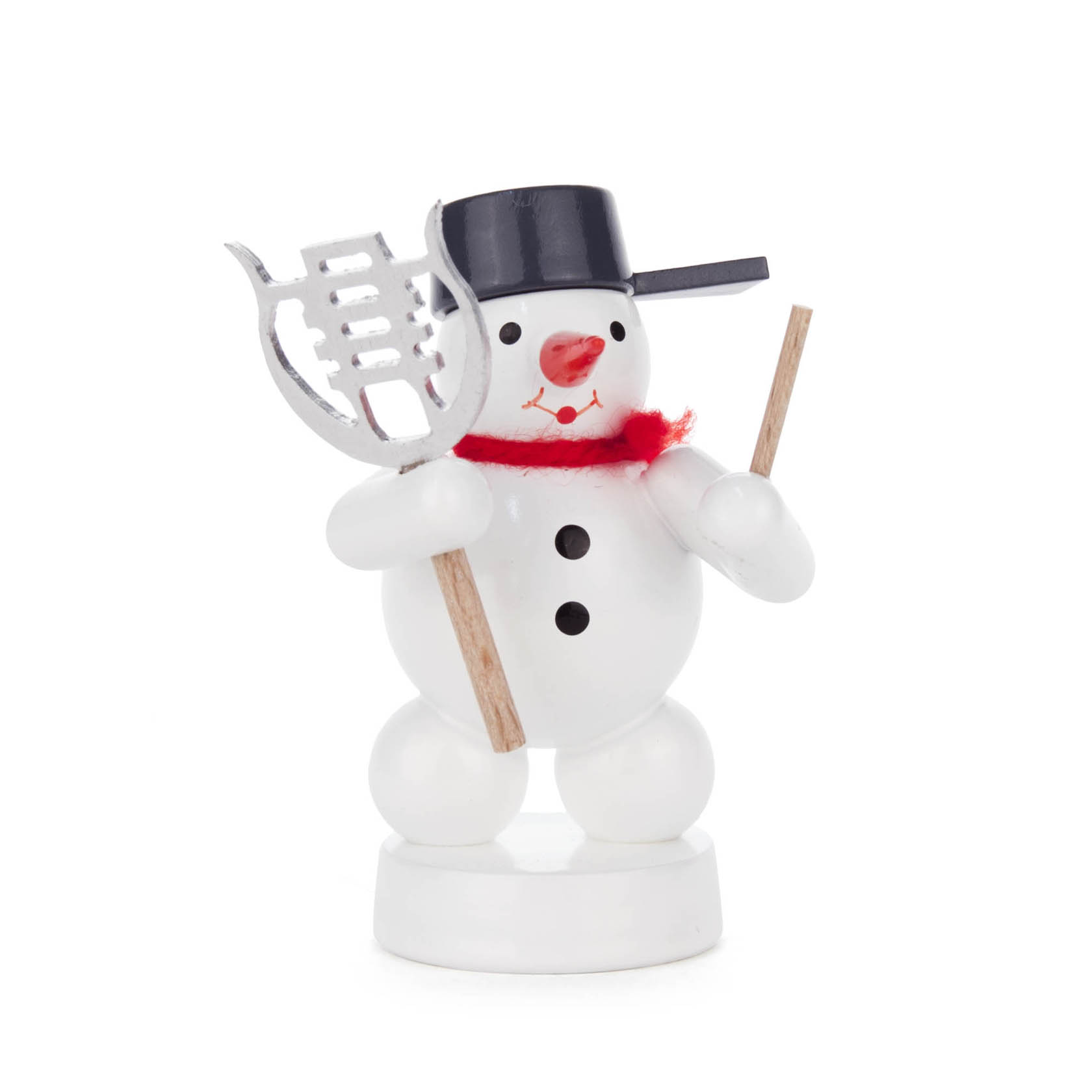 Holzschneemann mit rotem Schal, schwarzem Zylinder, Lyra in der linken Hand und Stock in der rechten Hand. im Dregeno Online Shop günstig kaufen