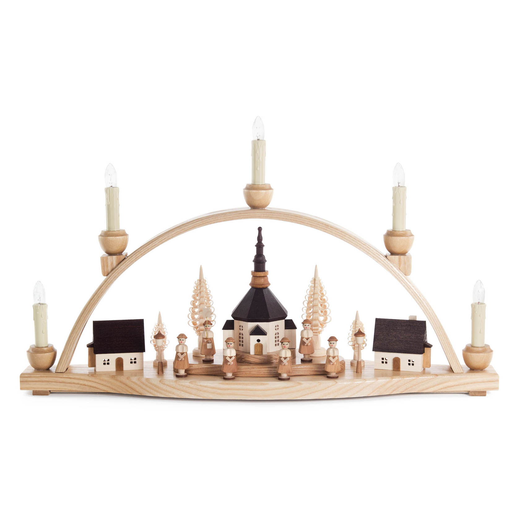 Wooden arch-shaped Christmas candle holder with small Seiffen village and singing figurines, featuring electric candles and illuminated buildings.