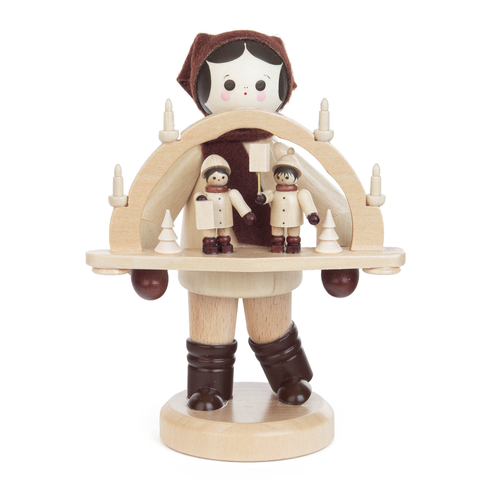 Holzfigur eines Mädchens in brauner Kleidung, das einen Schwibbogen mit zwei Figuren hält. im Dregeno Online Shop günstig kaufen