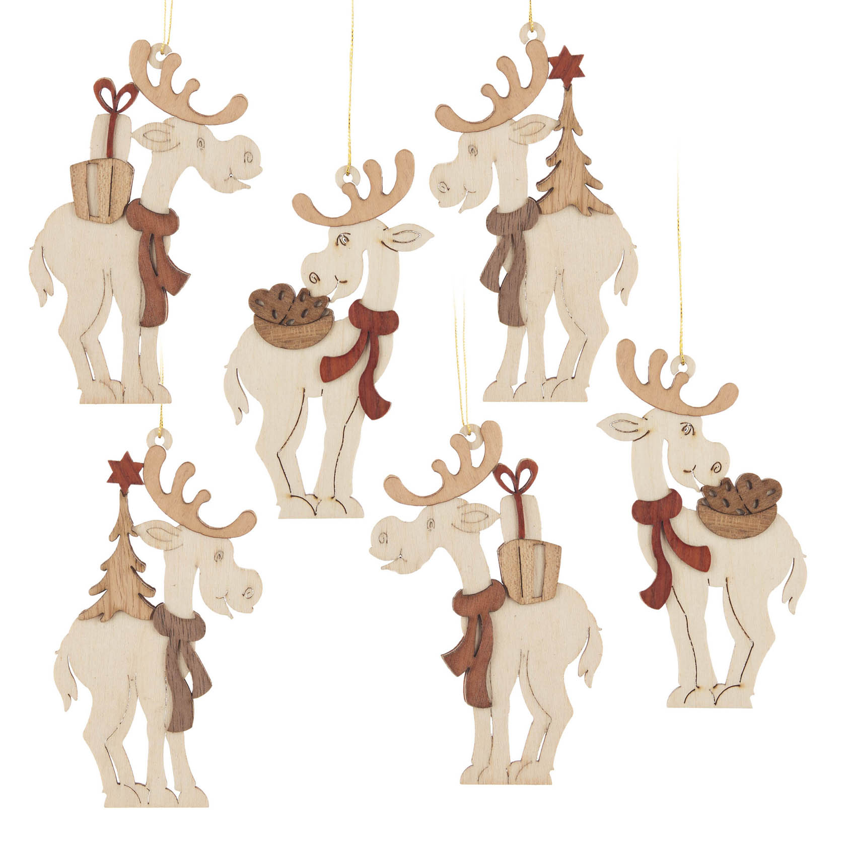 Sechs hölzerne, filigran gestaltete Elchanhänger für Weihnachtsdekorationen. Jeder trägt unterschiedliche Accessoires wie Geschenke, Weihnachtsbäume und Schals. im Dregeno Online Shop günstig kaufen