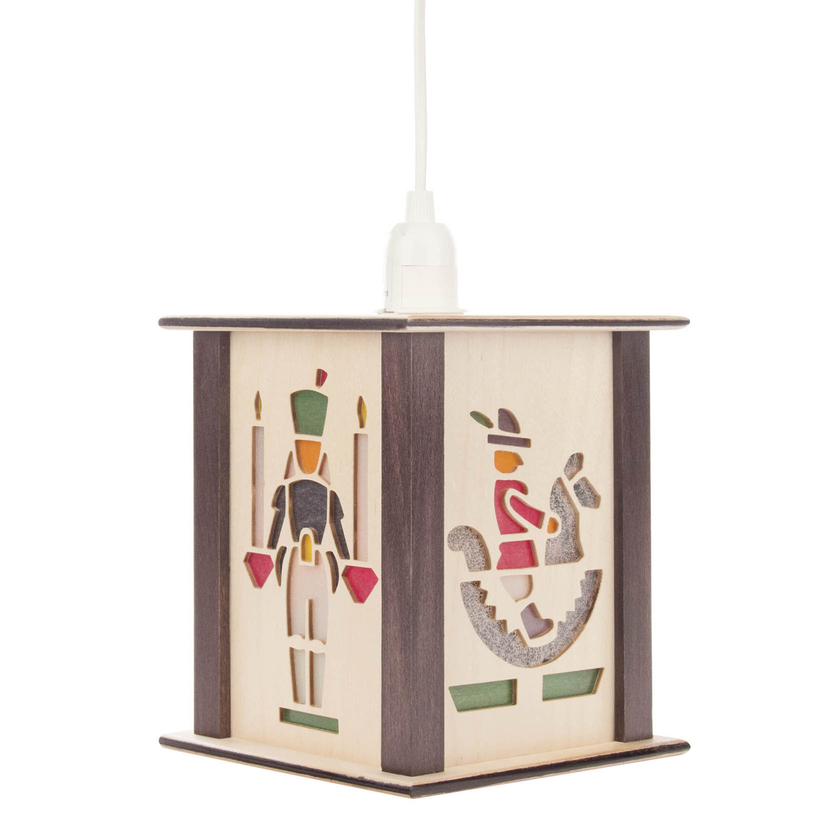 Wooden lantern featuring a cut-out design of a rocking horse rider and a toy soldier holding candles, illuminated from within.