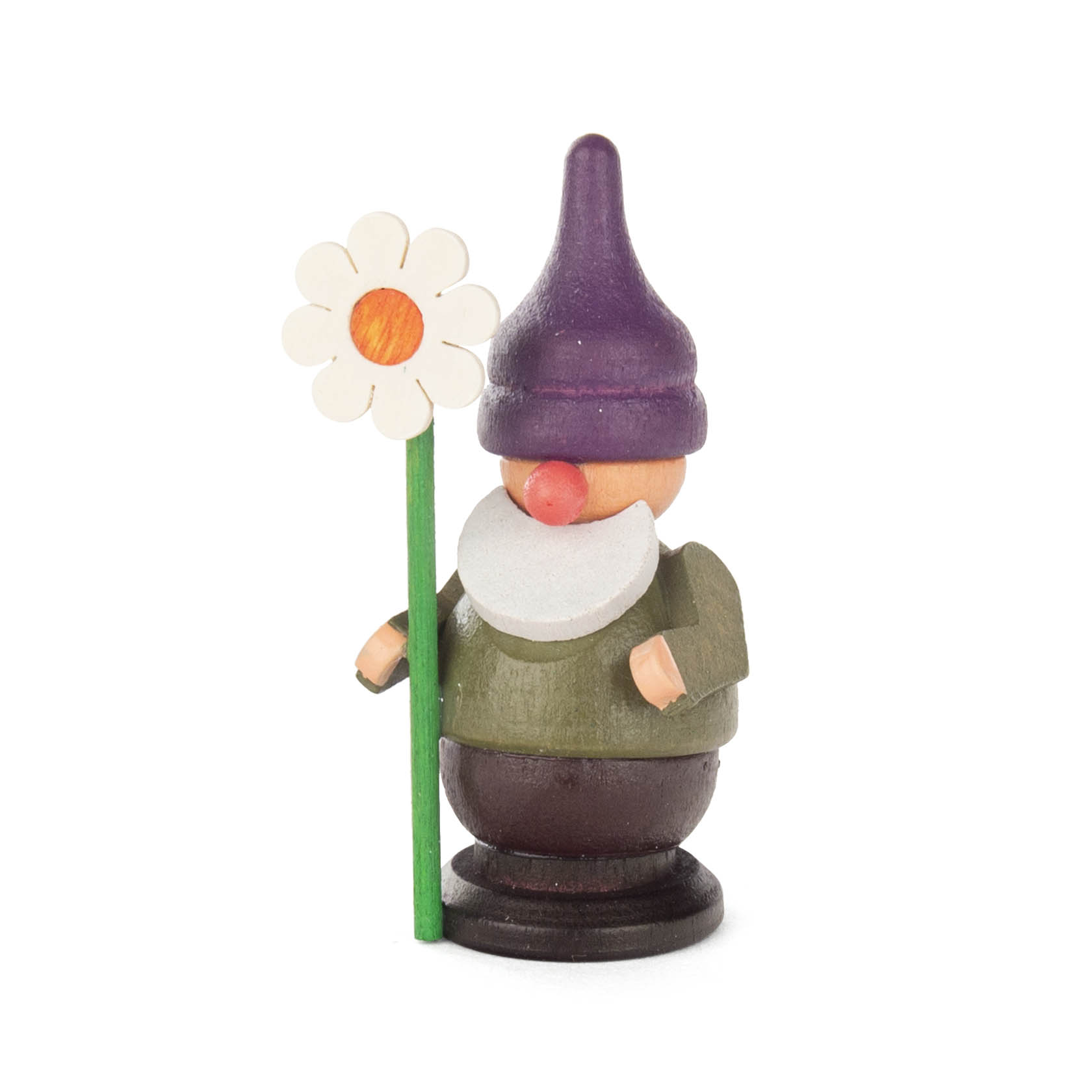 A small wooden gnome figurine holding a daisy with a purple hat, a white beard, and a brown base. im Dregeno Online Shop günstig kaufen