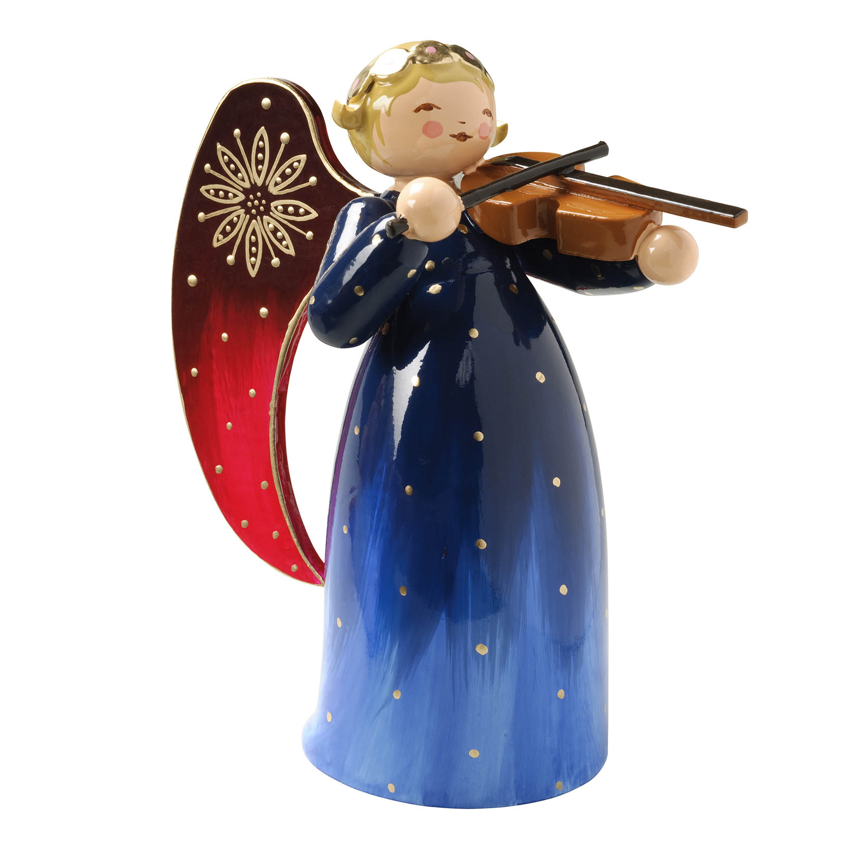 Ein reich bemalter Engel aus Holz hält eine Violine. Der Engel hat Flügel in Rot mit goldenen Verzierungen und trägt ein blaues Kleid mit goldenen Punkten. im Dregeno Online Shop günstig kaufen