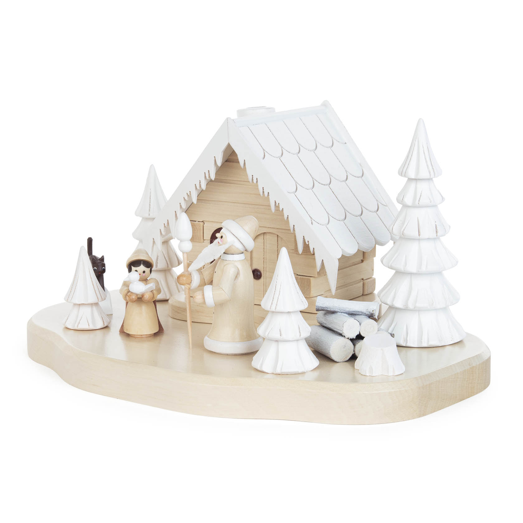 Wooden incense smoker in the shape of a snowy cottage with figures of Father Frost and a girl in front, surrounded by snow-covered trees.