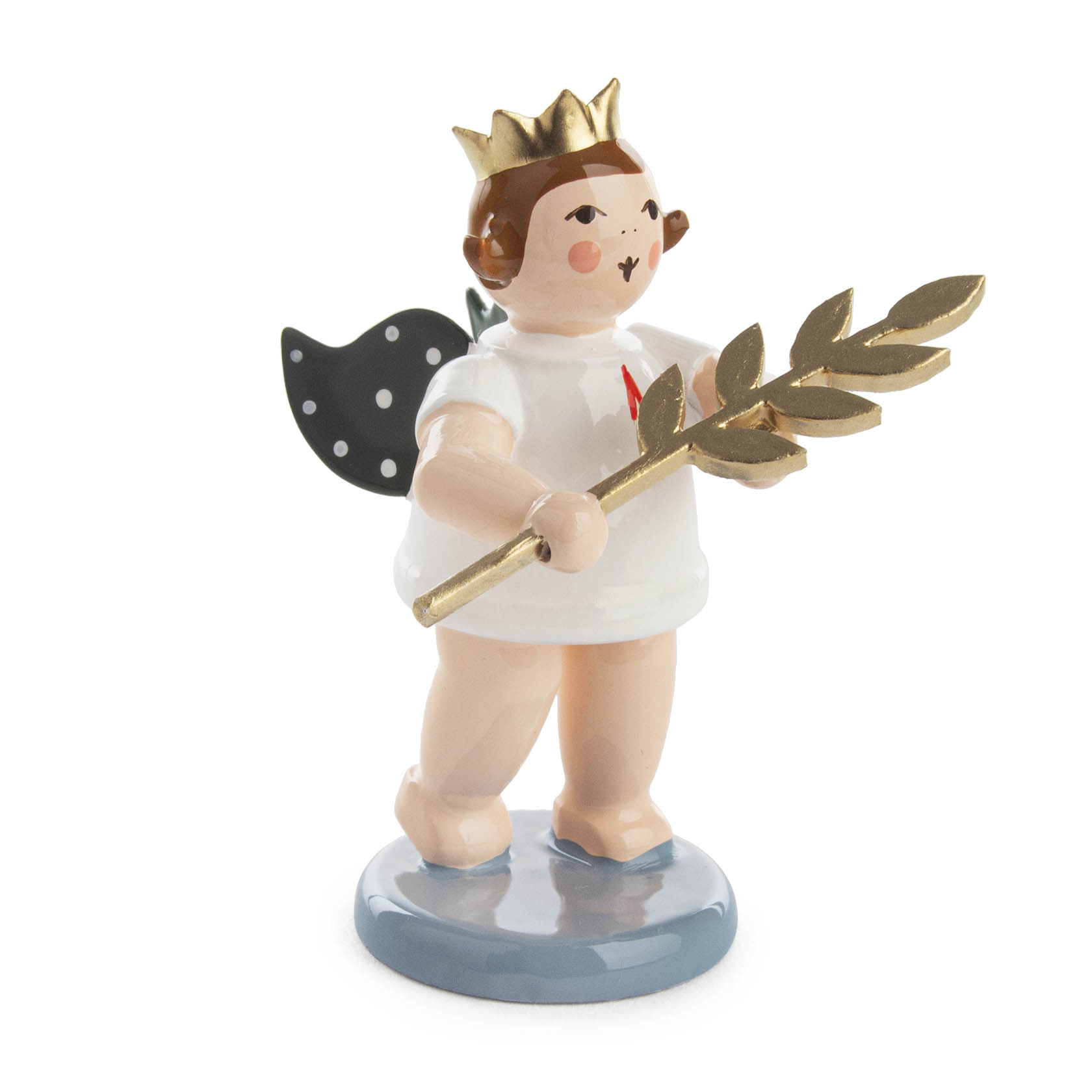 A small figurine of an angel with a gold crown, holding a gold peace branch. It has dotted green wings and is standing on a blue base. im Dregeno Online Shop günstig kaufen