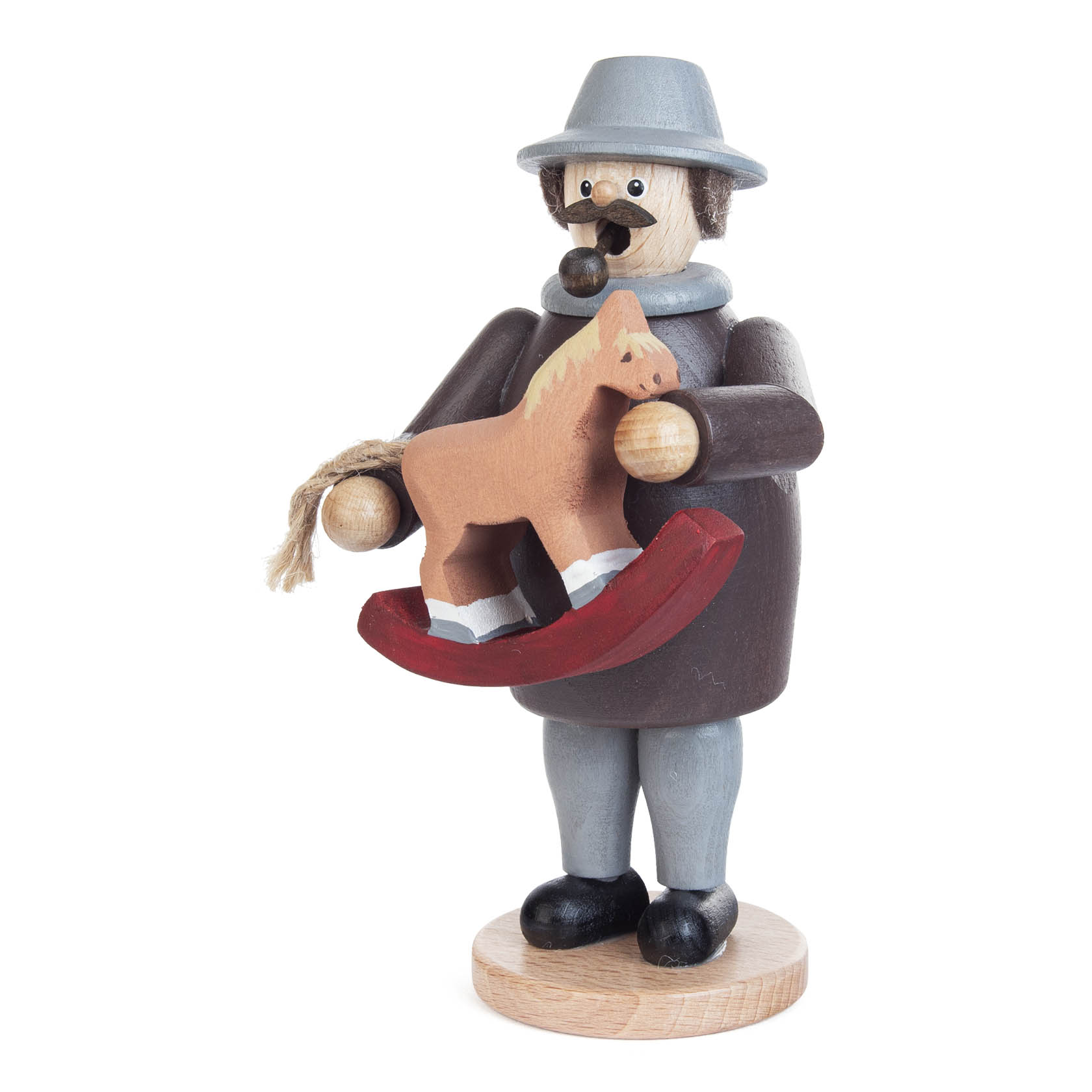 A wooden incense smoker figurine with a gray hat and pipe, holding a brown rocking horse, standing on a wooden base.