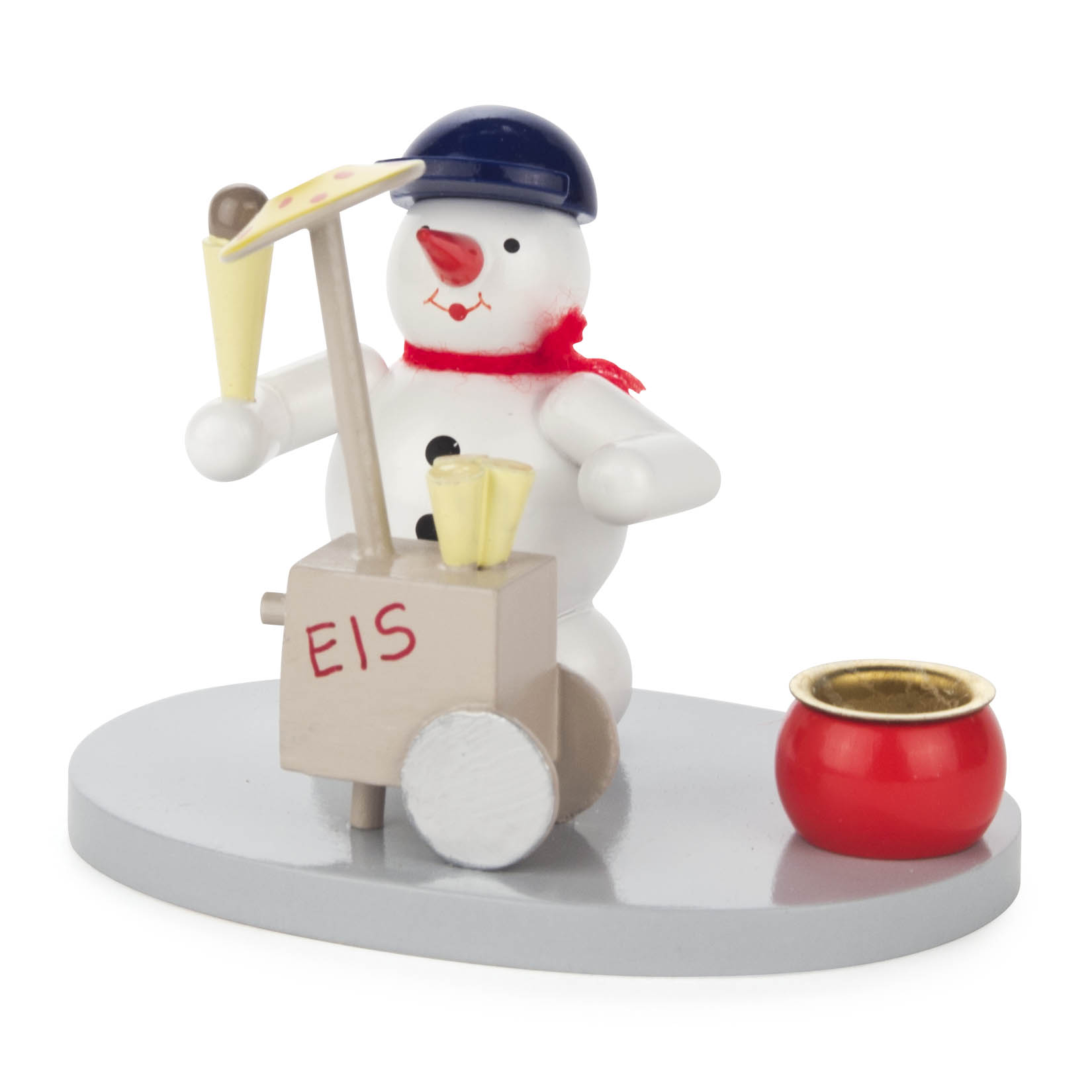 Wooden snowman candle holder shaped like an ice cream seller, holding a cone, with 'EIS' on ice cream cart. im Dregeno Online Shop günstig kaufen
