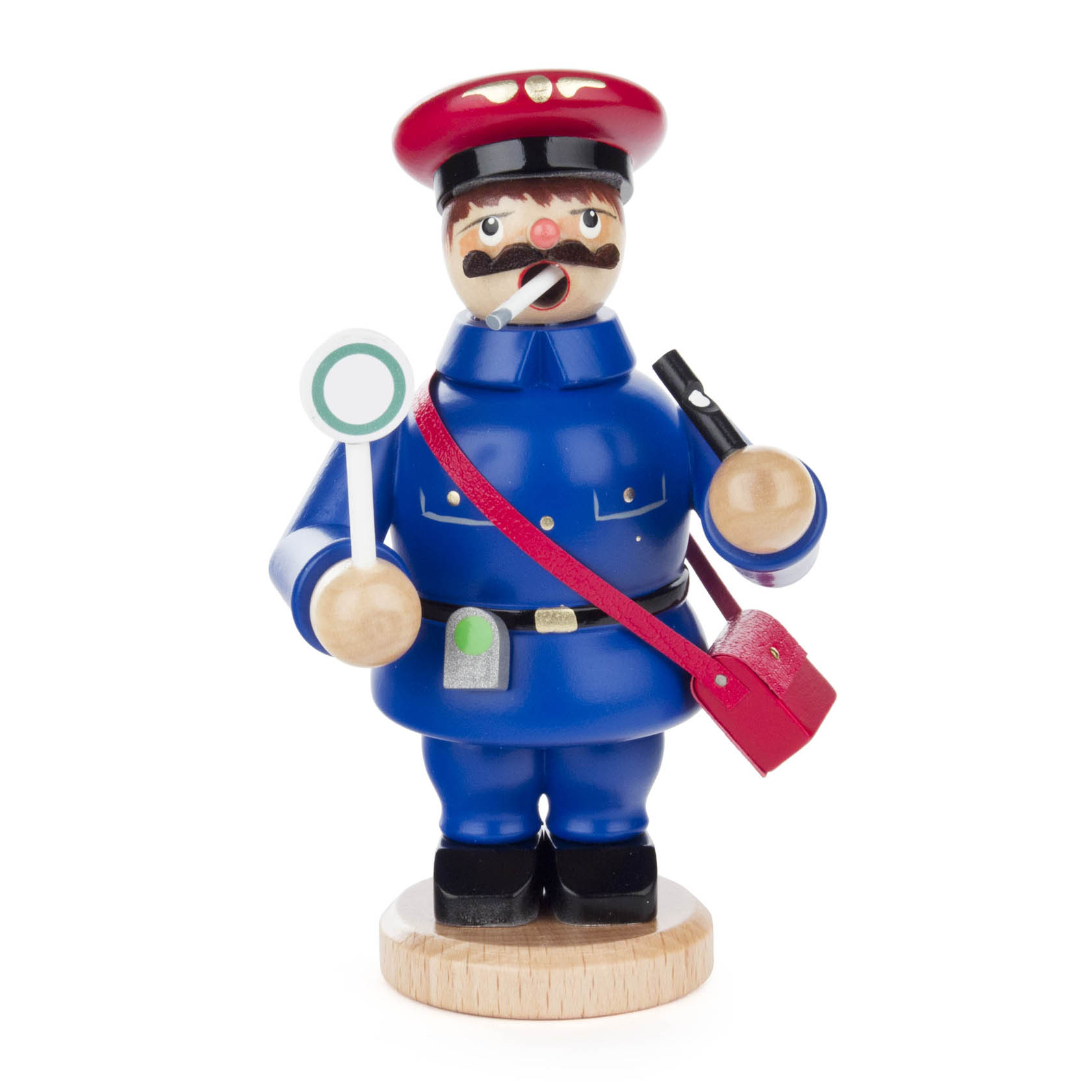 A mini Räuchermann figurine dressed as a train conductor, holding a signal disc and whistle, with a red mailbag over the shoulder.