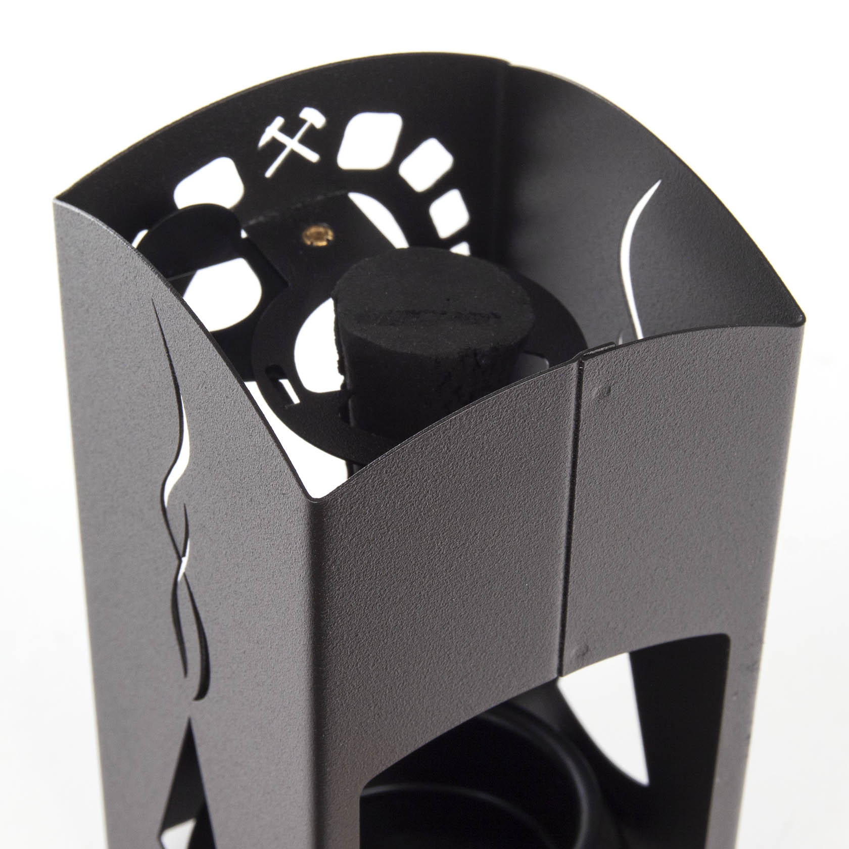Black-anthracite metal incense lantern suitable for all incense cone sizes, featuring an ash tray and tealight holder.