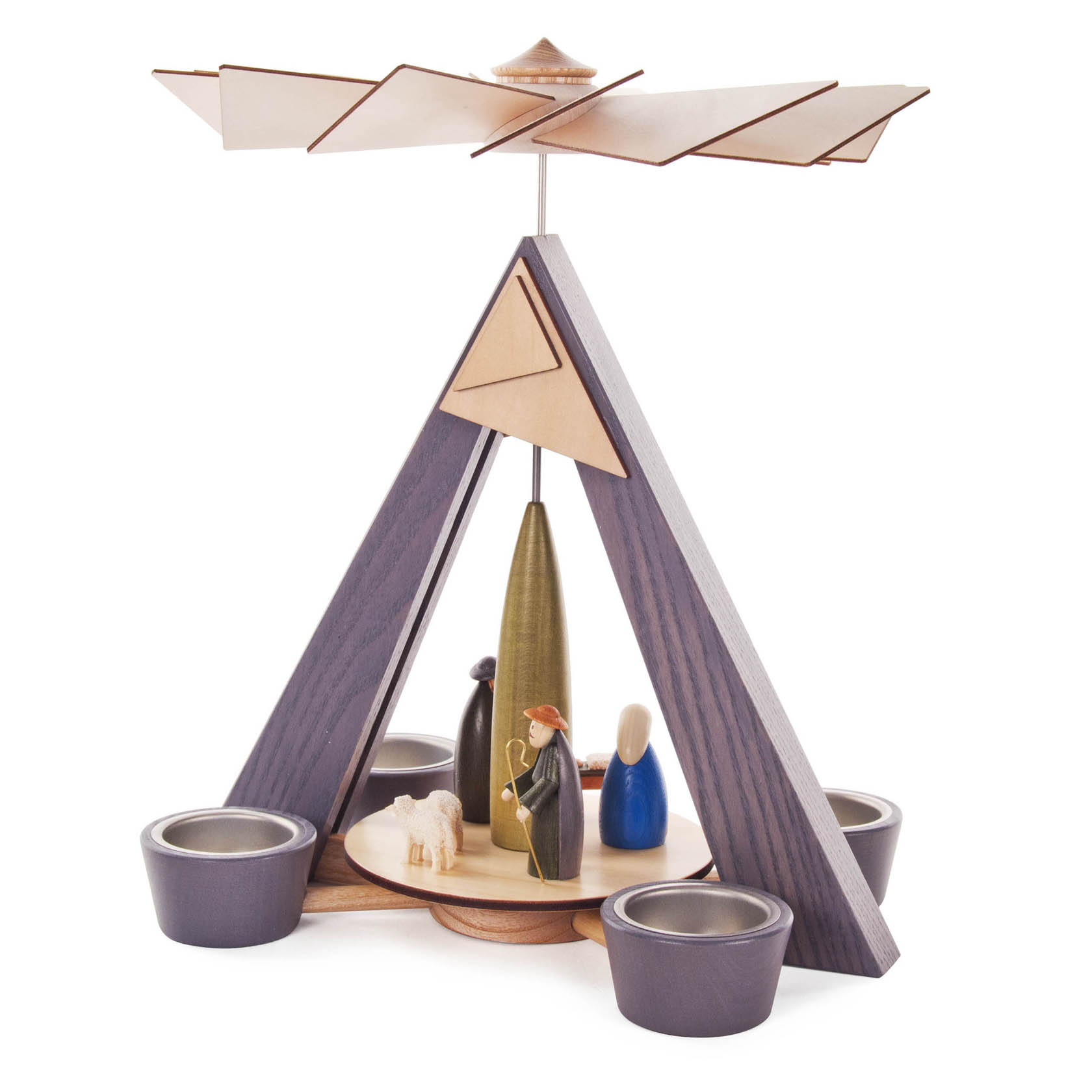 Pyramide mit Christi Geburt, grau mit farbig lasierten Figuren, für Teelichte