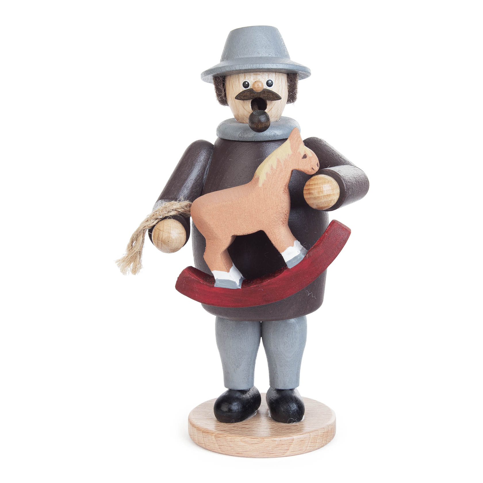 A wooden incense smoker figure holding a toy rocking horse, wearing a brown coat, grey hat, and black shoes. im Dregeno Online Shop günstig kaufen