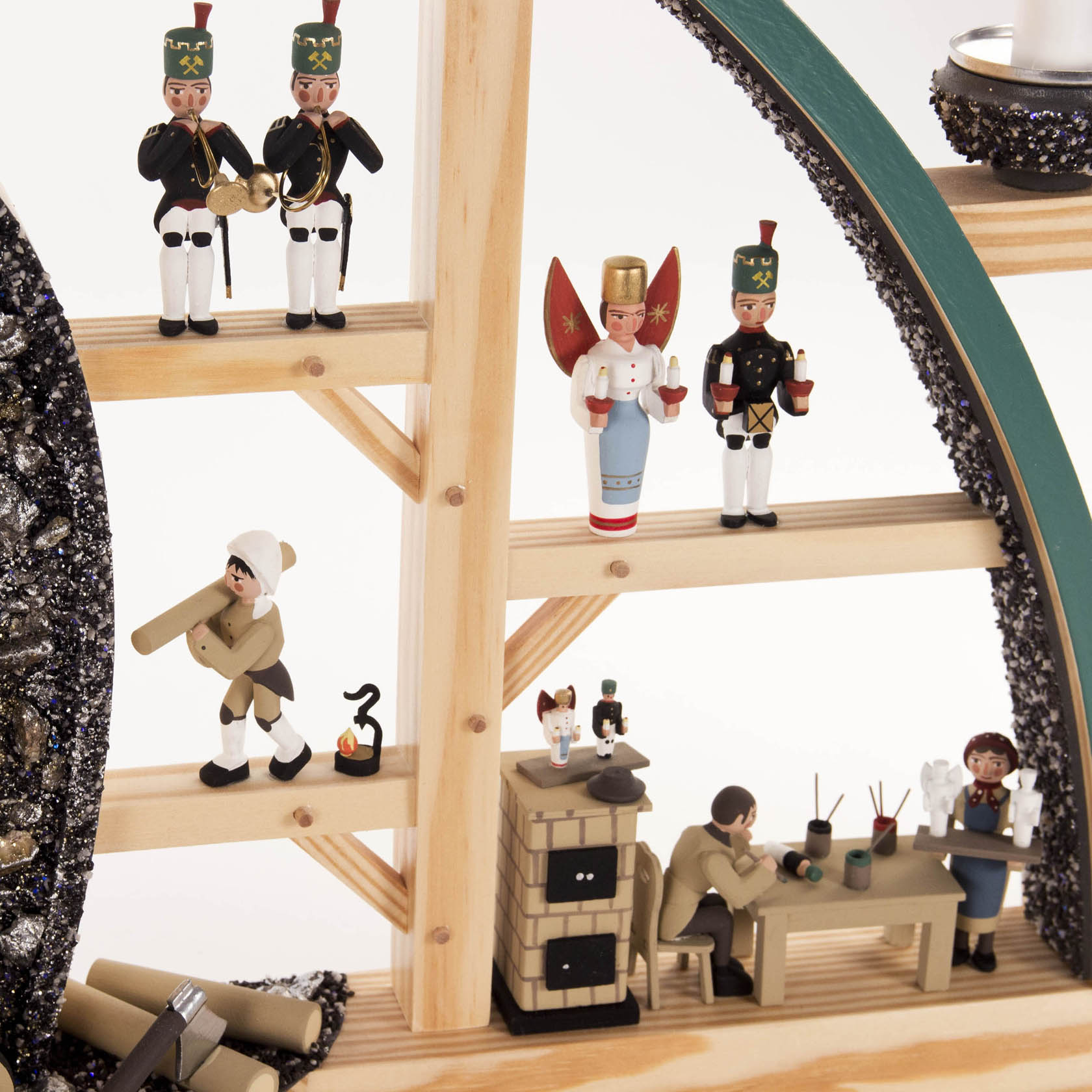 Illuminated wooden arch with traditional Erzgebirge figures: miners, angel, craftsman, and others, depicted in a multi-level display.