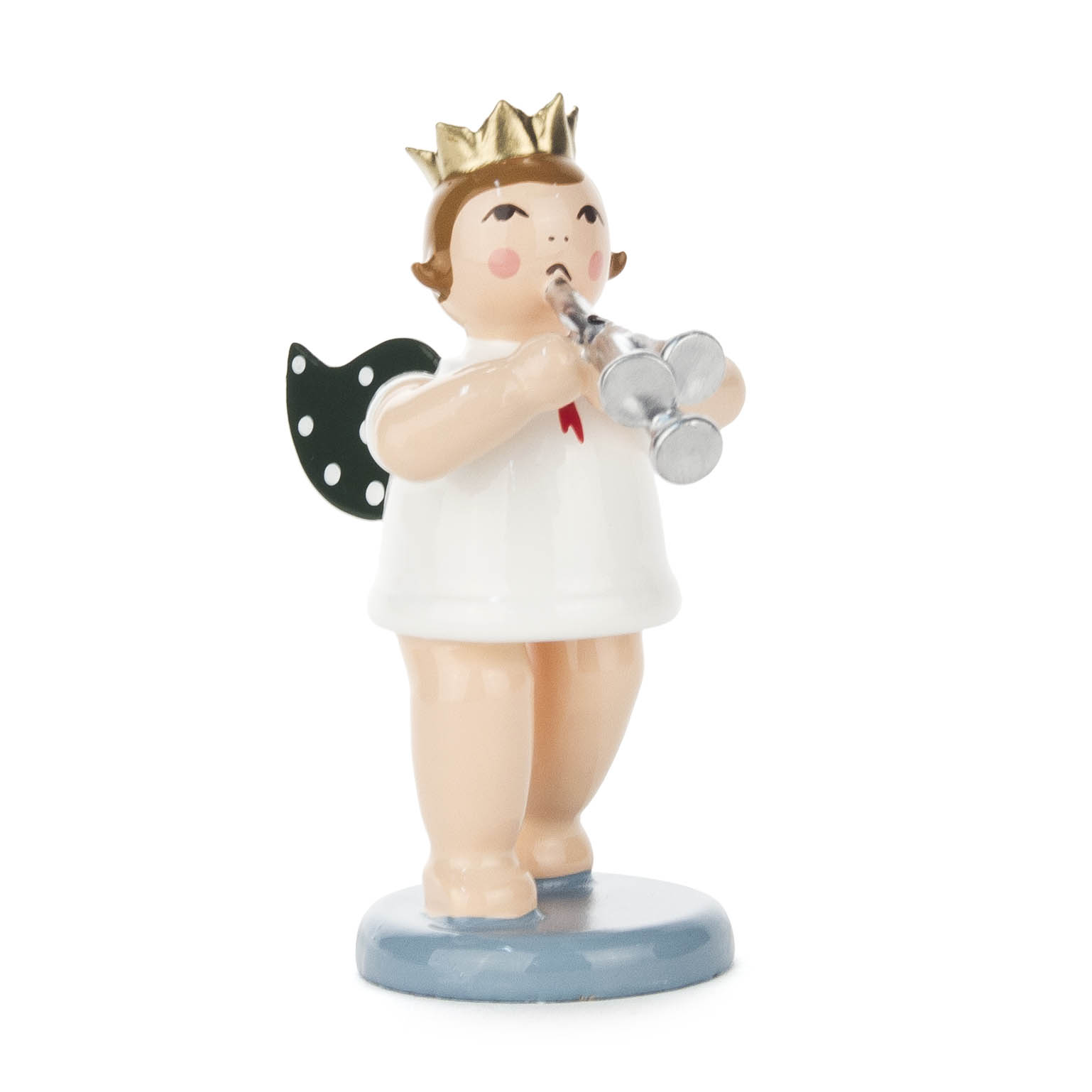 Figurine of an angel playing a Martin trumpet with a crown and green wings, standing on a blue base. im Dregeno Online Shop günstig kaufen