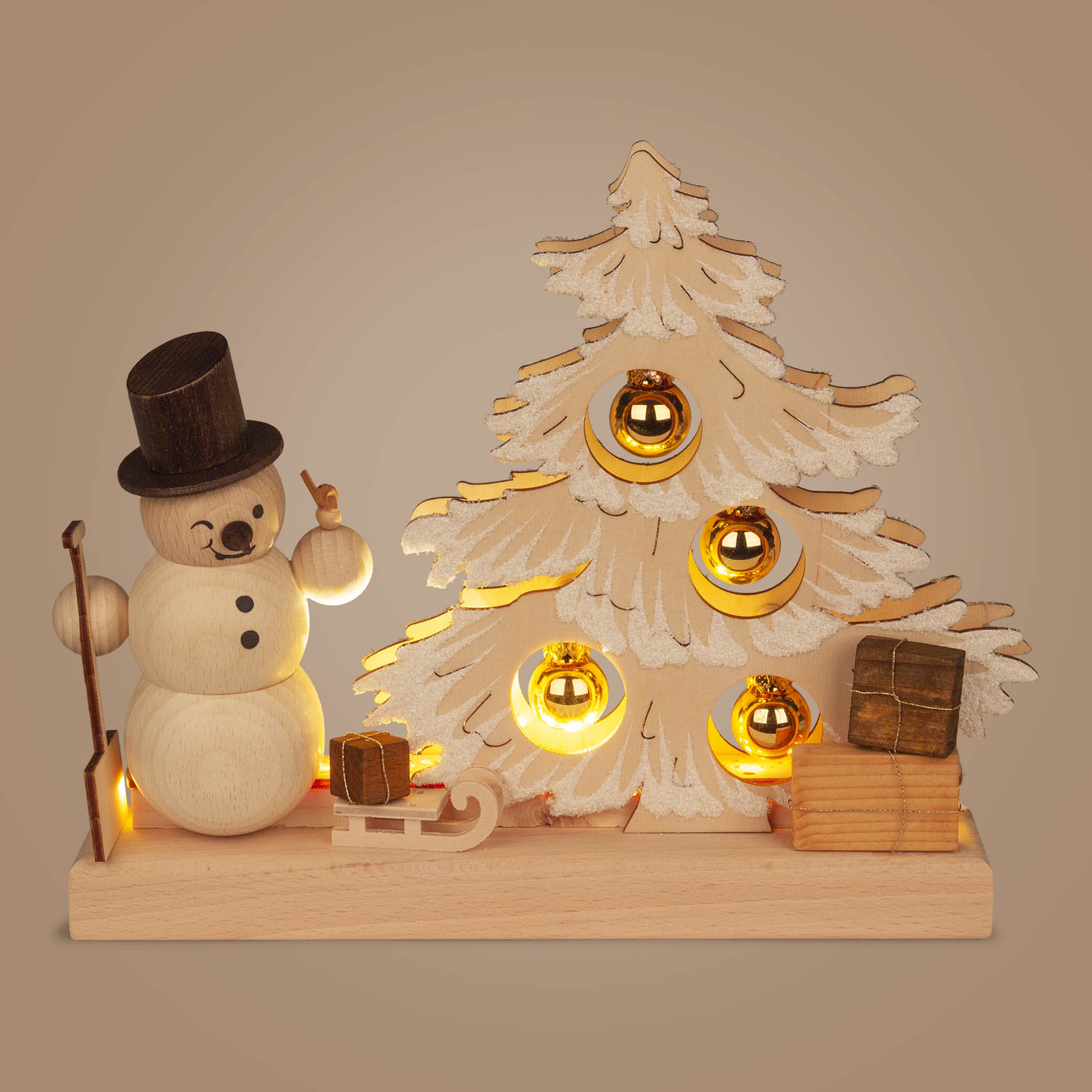 Kleiner Tannenbaum mit Schneemann und LED-Beleuchtung