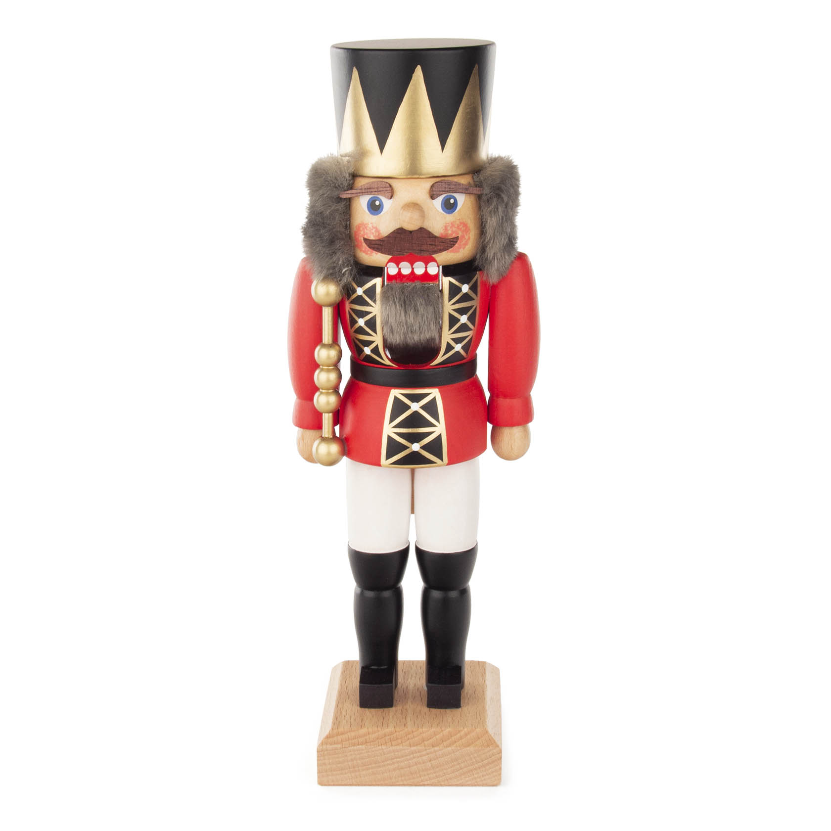 Ein rot lasierter Nussknacker in Form eines Königs, 27 cm hoch, mit goldener Krone, schwarzem Bart, einem Zepter in der rechten Hand und schwarzer Stiefel. im Dregeno Online Shop günstig kaufen
