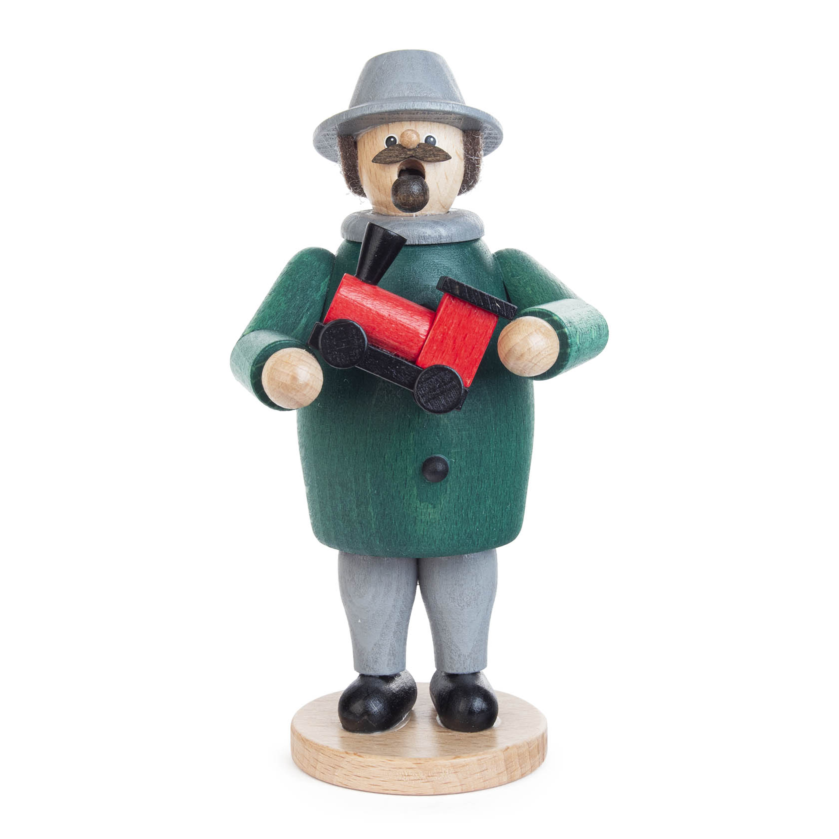 A wooden smoker figurine of a man wearing a green coat and gray hat, holding a red toy train. im Dregeno Online Shop günstig kaufen